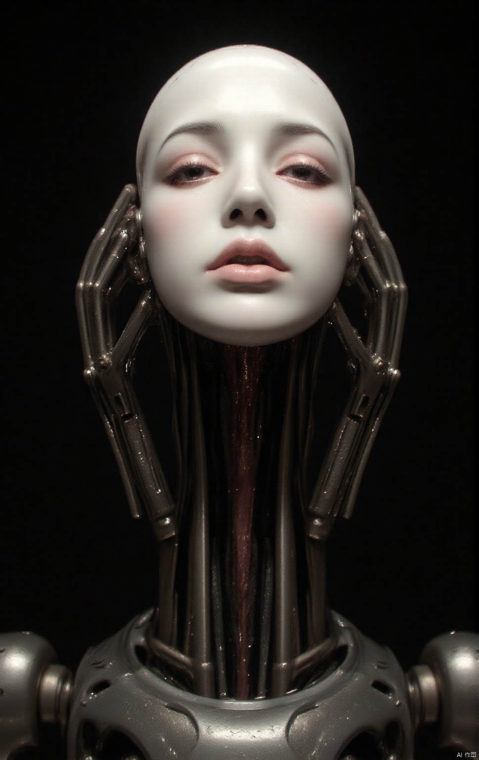 An eerie close-up shows a severed human head held aloft by a polished robotic arm. The head faces the viewer directly, its lifeless eyes half-open, and a frozen look on its face. A strange expression between fear and submission, with pale skin It is white and clammy, with a faint trace of blood extending from the neck to the metal fingers holding it tightly. The picture captures the delicate details - the texture of the skin, the hair clinging to the scalp - with an unsettling realism. , and the vague bruises around the neck, this robotic arm The lines are smooth and human-shaped. It is made of polished steel and is engraved with complex patterns in the Art Nouveau style. Its precision and elegance are in sharp contrast to the weird and terrifying scene. The background is simple and dark, with a faint and warm light. illuminated the head and in the metal With soft reflections cast on the arms and light focused on the head, emphasizing every morbid detail while casting the rest of the robot and its surroundings in ominous gloom, the composition is both haunting and intricate. , perfectly blending horror elements with machinery,IMPROVED,Lisa,UNI_SCI_FI_CORE