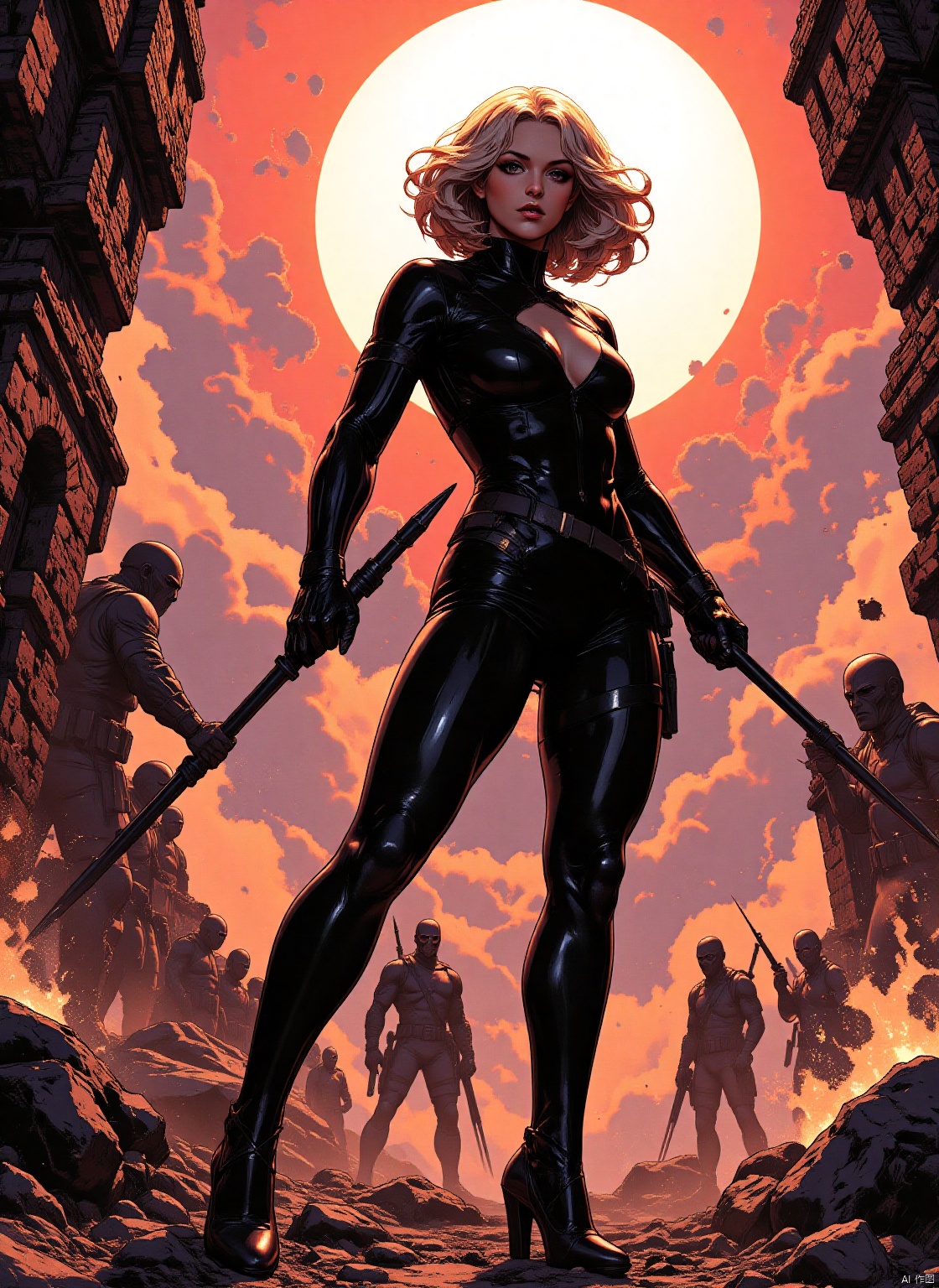 Combat master, peerless beauty, spear, large area exposed, black tights, combat clothing, female hunter, combat posture, strength, agility, beautiful legs, muscle lines, extremely sexy, DC COMIC, MARVEL COMIC, high resolution, beautiful legs, from below,Latex dress.