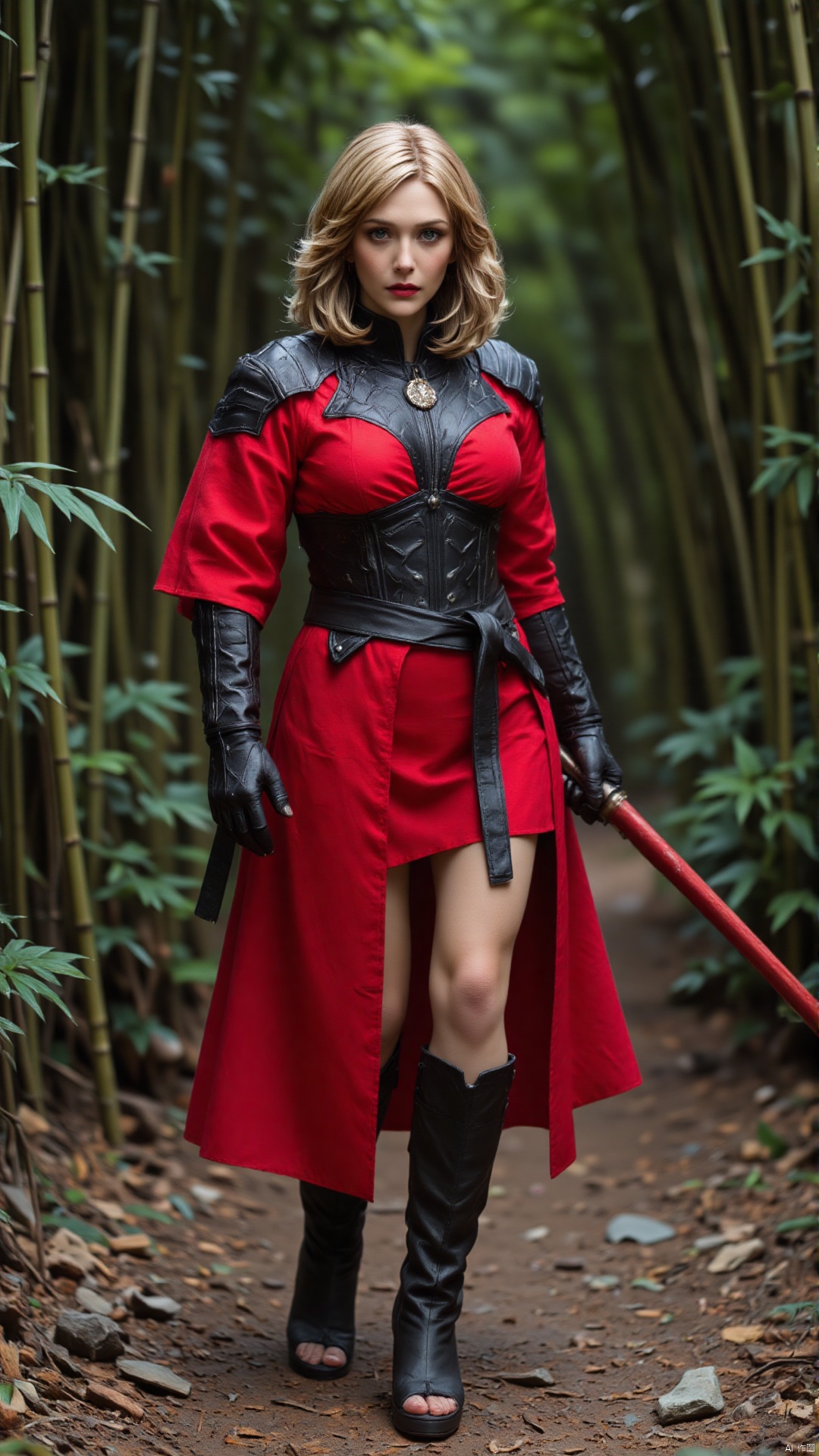 A dynamic and powerful ninja warrior stands in a bamboo forest, her red and black armor contrasting with the natural surroundings. She wields a red katana, her blonde hair flowing freely as she moves with a graceful and confident stride. Her outfit is adorned with intricate details, including a belt with a clock and a decorative medallion, and she wears black gloves. The scene is set in a bamboo forest, with tall bamboo stalks and leaves forming a natural backdrop. The ninja style dynamic_pose is focused, exuding a sense of readiness and strength.  , ,ELIZABETH OLSEN