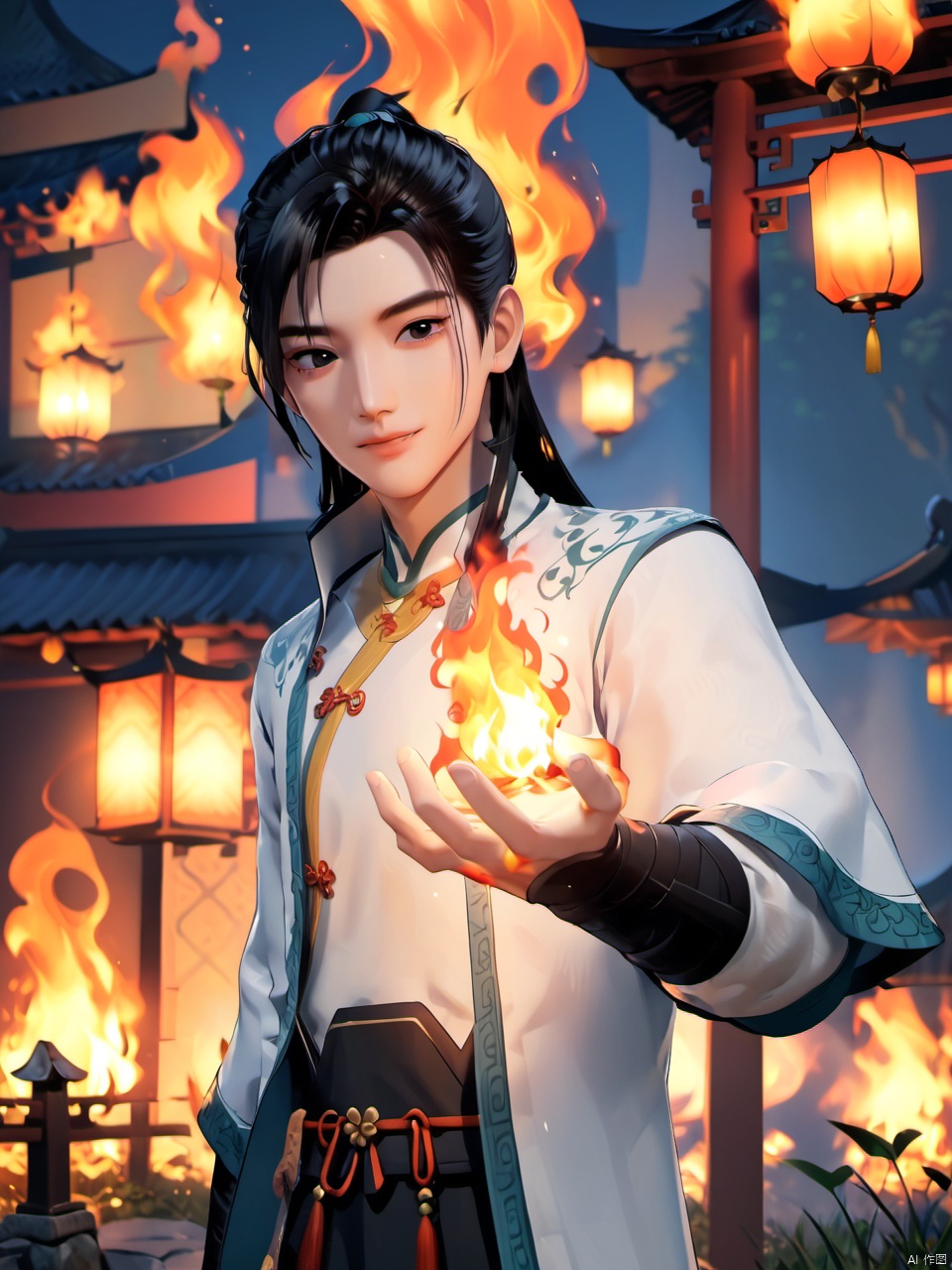 3D animation style,a young man's hand was a flame,black hair,black eyes,chinese clothes,outdoor,smlie
