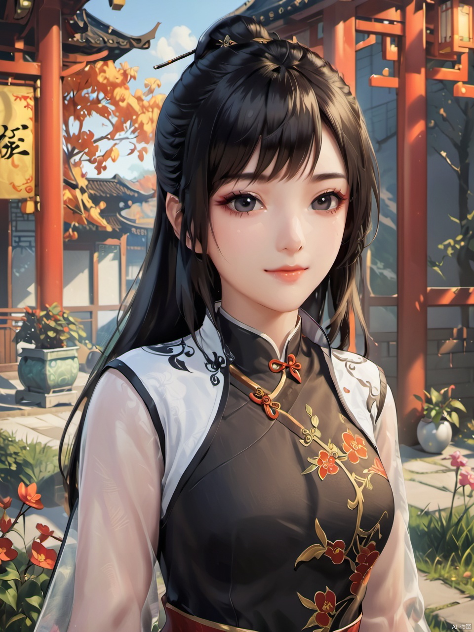realistic anime art style,a young woman,black hair,black eyes,chinese clothes,outdoor,smlie
