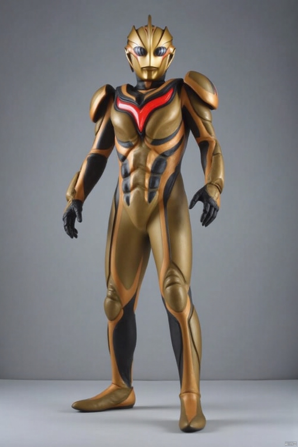 (grey background:1.2),(SOLO:1.4),outline,simple background,(((,standing,looking at viewer,arms at side))),,ultraman,golden bodysuit,golden gloves,legwear,gloves,boots,cover,mask,plugsuit,armor,bodysuit,black pattern on body,red pattern on body,golden tight-fitting,golden footwear,helmet,leather suit,latex,tokusatsu,no humans,science fiction,golden head,hard mask,no smile,no eyes,no nose,solo,golden rubber bodysuit with grey line and black line rubber bodysuit with red line,ed pattern on body