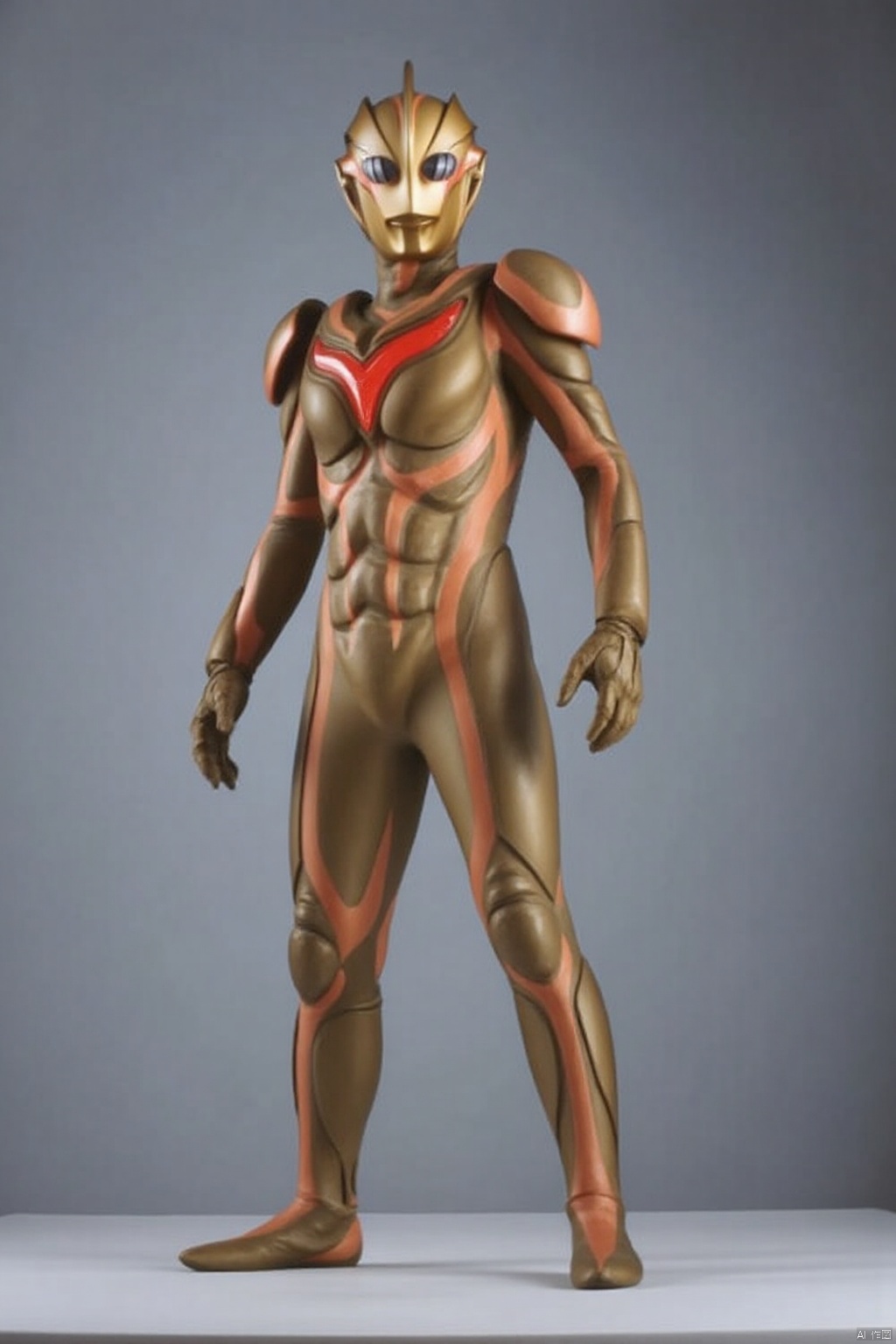 (grey background:1.2),(SOLO:1.4),outline,simple background,(((,standing,looking at viewer,arms at side))),,ultraman,golden bodysuit,golden gloves,legwear,gloves,boots,cover,mask,plugsuit,armor,bodysuit,black pattern on body,red pattern on body,golden tight-fitting,golden footwear,helmet,leather suit,latex,tokusatsu,no humans,science fiction,golden head,hard mask,no smile,no eyes,no nose,solo,golden rubber bodysuit with grey line and black line rubber bodysuit with red line,ed pattern on body