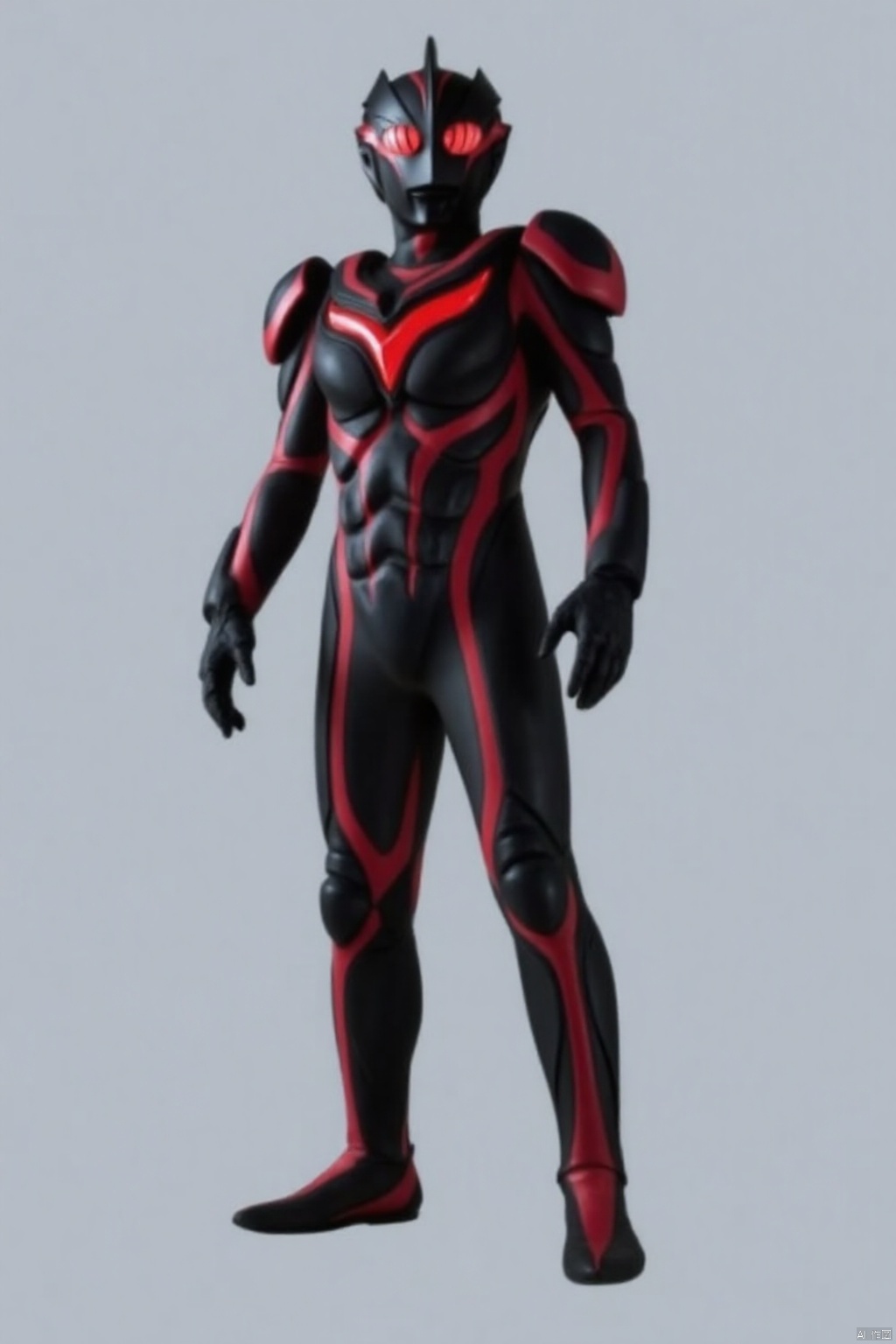 (grey background:1.2),(SOLO:1.4),outline,simple background,(((,standing,looking at viewer,arms at side))),dark_zagi,ultraman,alien,black bodysuit,black gloves,legwear,gloves,boots,cover,mask,plugsuit,armor,bodysuit,black tight-fitting,black footwear,helmet,leather suit,latex,tokusatsu,no humans,science fiction,hard mask,no smile,no eyes,no nose,solo,black rubber bodysuit with red line,black head,red eyes,red pattern on body