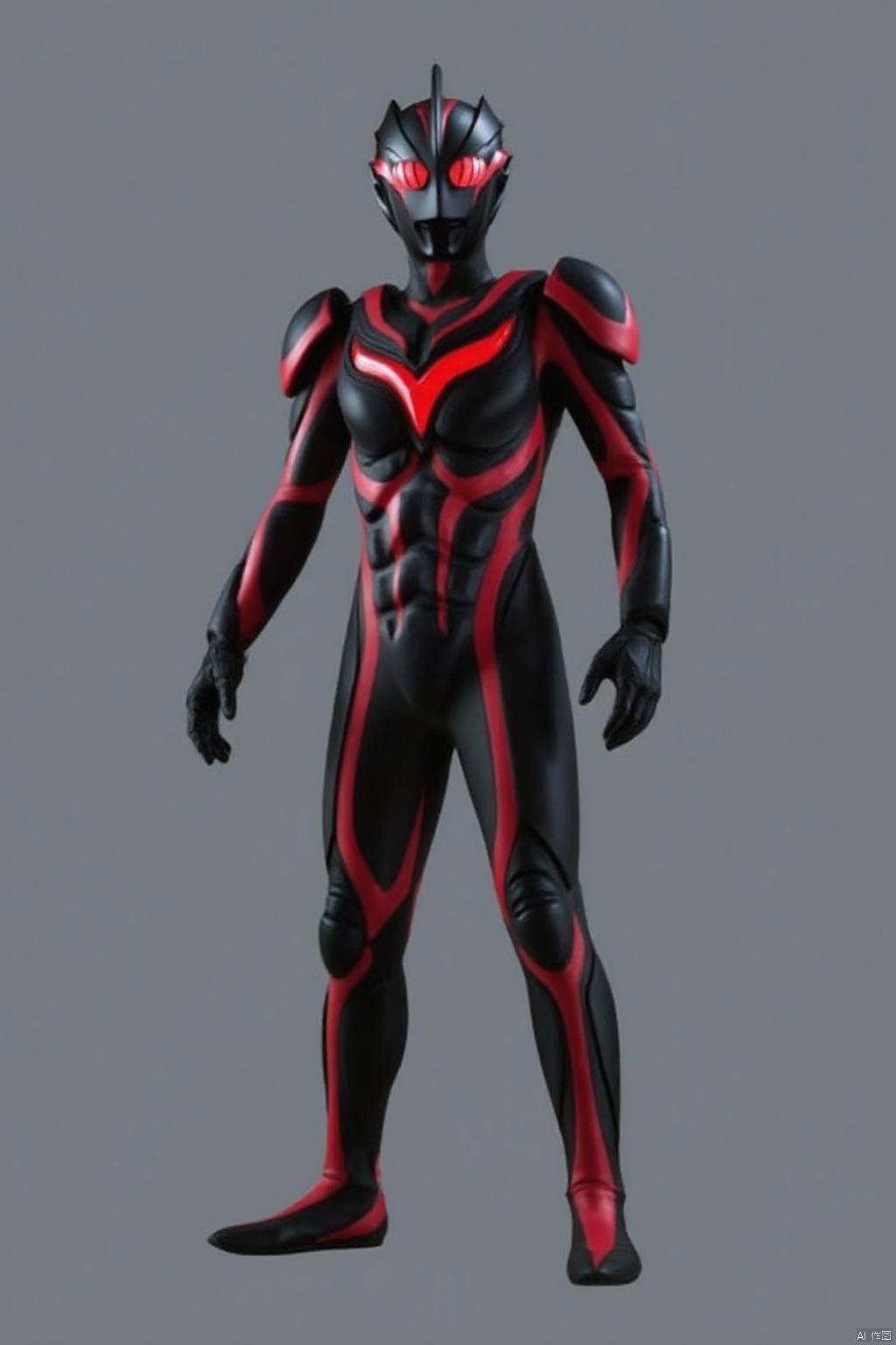 (grey background:1.2),(SOLO:1.4),outline,simple background,(((,standing,looking at viewer,arms at side))),dark_zagi,ultraman,alien,black bodysuit,black gloves,legwear,gloves,boots,cover,mask,plugsuit,armor,bodysuit,black tight-fitting,black footwear,helmet,leather suit,latex,tokusatsu,no humans,science fiction,hard mask,no smile,no eyes,no nose,solo,black rubber bodysuit with red line,black head,red eyes,red pattern on body