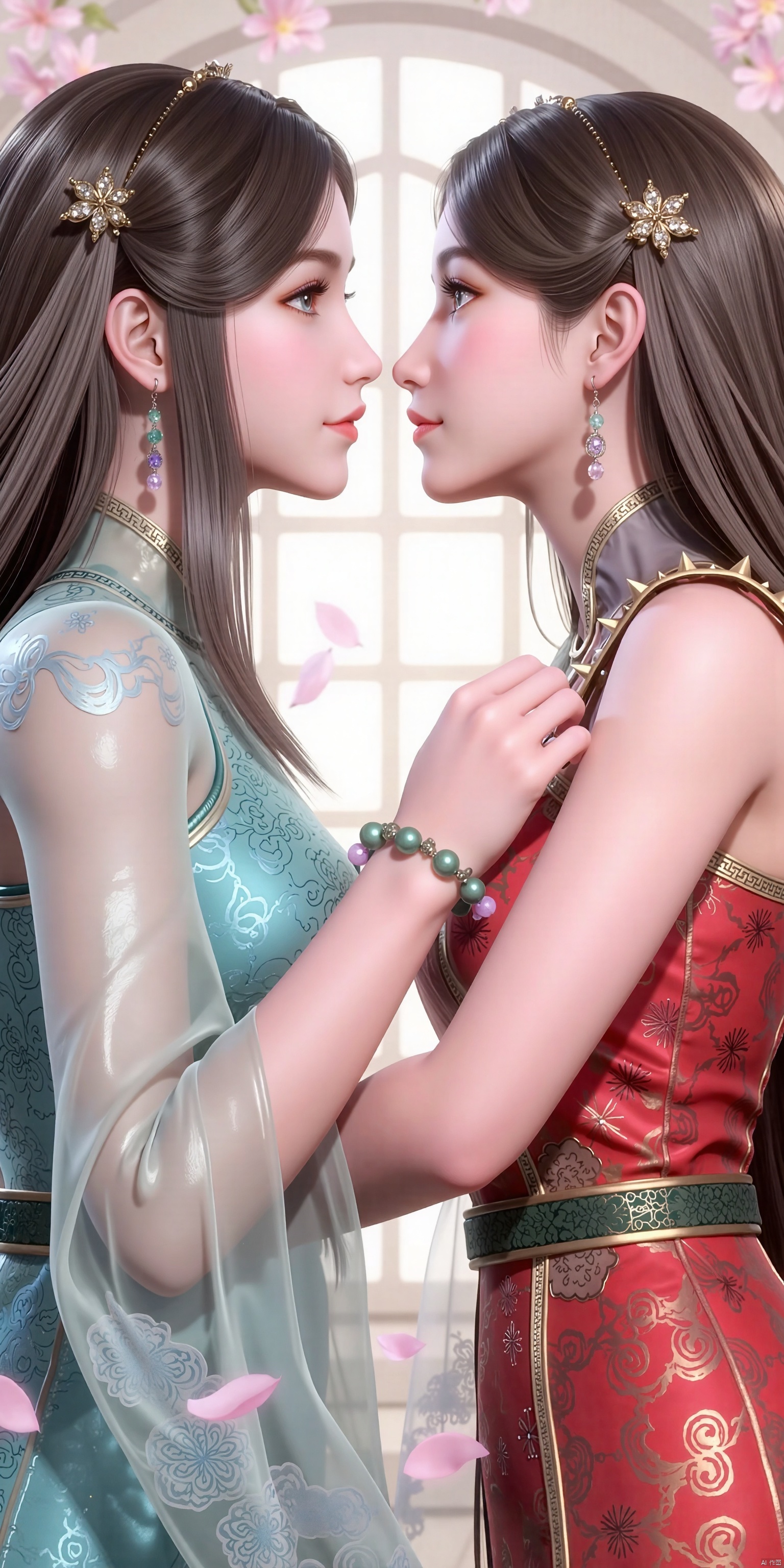 1 Girl, long hair, brown hair; Black hair, black hair















Accessories, another girl, long black hair, transparent clothes, jewelry, standing,















Close your eyes, earrings, bracelets, from the side, petals, face to face, kissing, Chinese clothing,















Red dress, beads, fallen flowers
