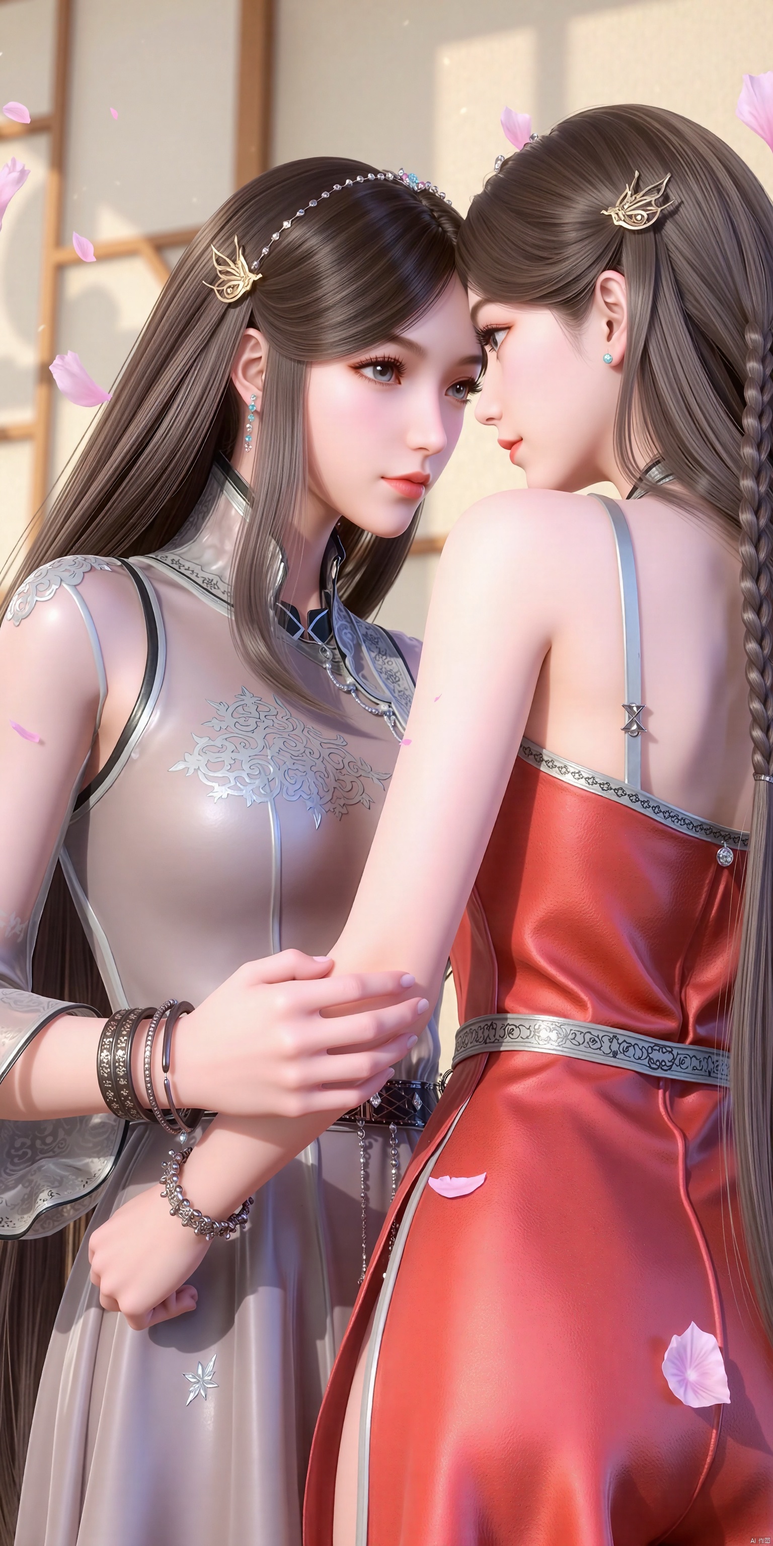 1 Girl, long hair, brown hair; Black hair, black hair















Accessories, another girl, long black hair, transparent clothes, jewelry, standing,















Close your eyes, earrings, bracelets, from the side, petals, face to face, kissing, Chinese clothing,















Red dress, beads, fallen flowers