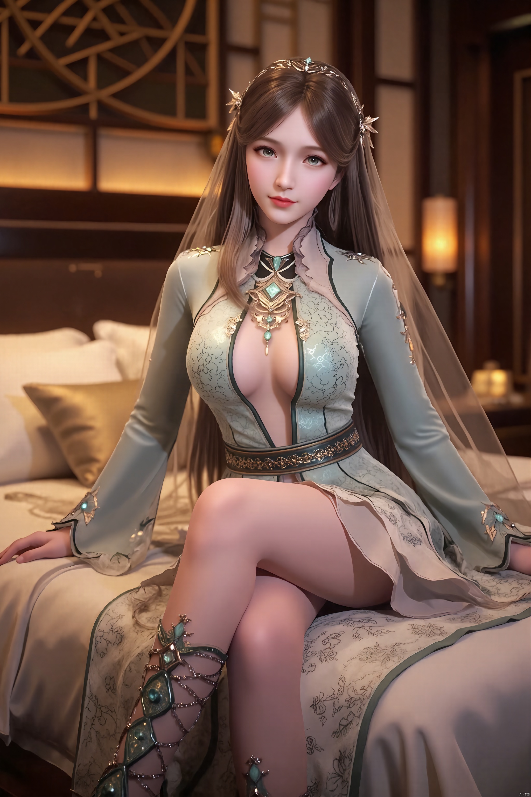Hair accessories, a woman wearing ancient Chinese clothing, wearing a transparent veil, a charming transparent gold veil skirt, flowing long hair, extremely complex jewelry, sexy breasts, a fantasy style, lying down, lying on the side, high heels, long sleeves, bed, slightly sideways, seductive posture, looking at the camera, indoors, bed, desk lamp, pillow, sword