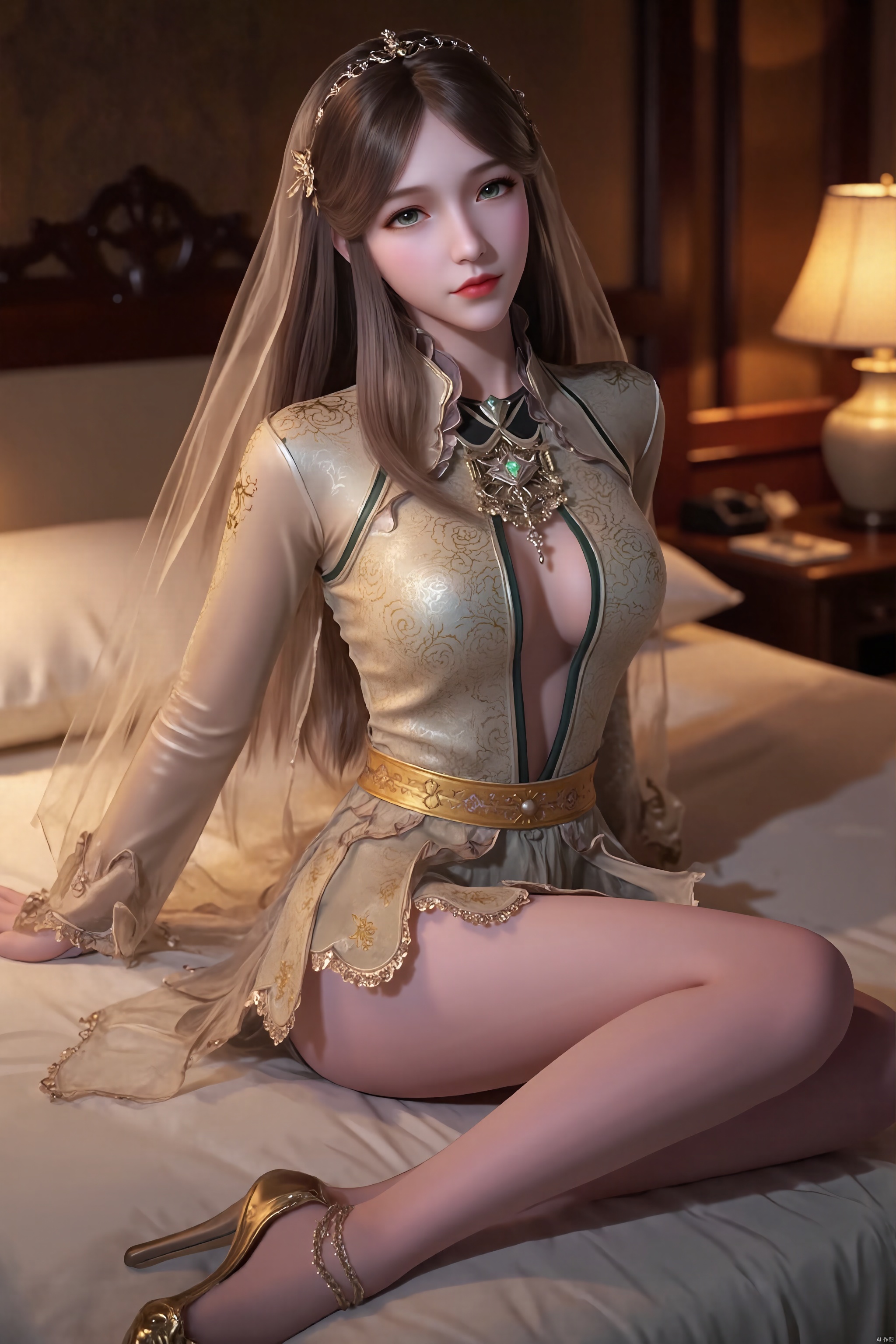 Hair accessories, a woman wearing ancient Chinese clothing, wearing a transparent veil, a charming transparent gold veil skirt, flowing long hair, extremely complex jewelry, sexy breasts, a fantasy style, lying down, lying on the side, high heels, long sleeves, bed, slightly sideways, seductive posture, looking at the camera, indoors, bed, desk lamp, pillow, sword
