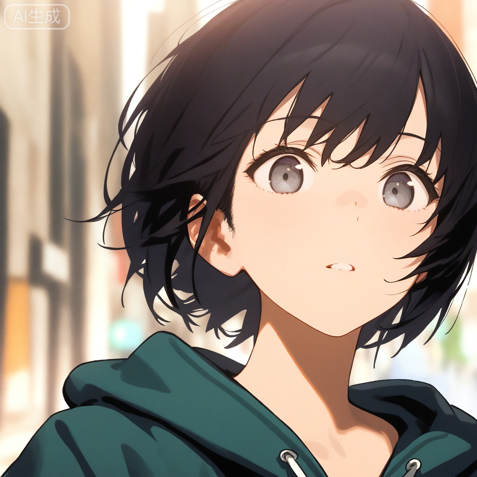 1girl, solo,
young_girl,
short_hair, black_hair, grey_eyes,
upper_body, portrait, head_and_shoulders,
hoodie, casual_style,
looking_at_viewer, relaxed_expression,
city_background, street,
natural_light,
depth_of_field, blurry_background,
anime_style, high_detail, masterpiece
