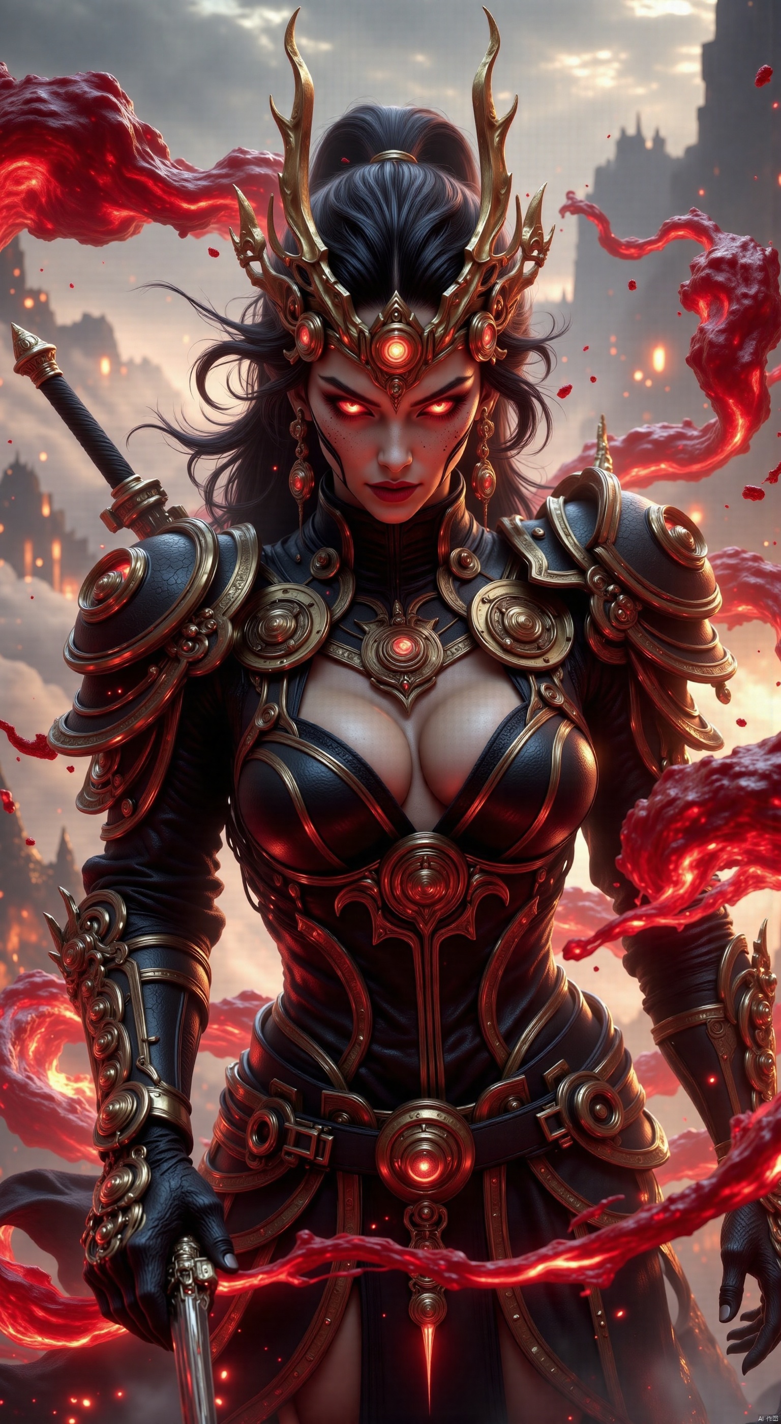 Wearing black and gold armor and holding a knife, he showed her domineering and strength. Her action scenes are usually accompanied by shocking sound effects and visual effects, highlighting her kingliness. Make a powerful flick of the knife, and the knife emerges a huge bright red gas throughout the sky, drawing a red track in the air, just as the sky is counted as a long blood mark.8K, HD,High quality, 8K.intricate details.dlrb,hsw,wet,water,beauty,anhei,large natural breast, taken by Sony Alpha 7R IV, Zeiss Otus 85mm F1.4, ISO 100 Shutter Speed 1/400, Vivid picture, intricate background,xuanhuanfapao,qihuanmopan,hkgod,mohuan