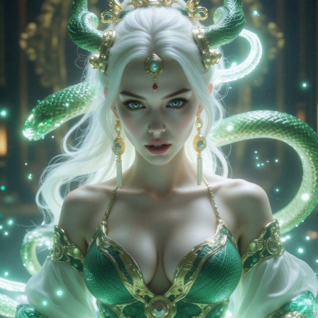1girl,underwater,hkgod,aidmafluxpro1.1,dlrb,A female godess,White hair,green snake-**** body,glowing eyes,a white and gold Chinese-style crown on the head,mouth open wide with fangs showing,surrounded by snakes **** of light effects,a Chinese mythological background,created using Unreal Engine,hkgod,mythp0rt,mohuan,hsw,large natural breast,soft breasts