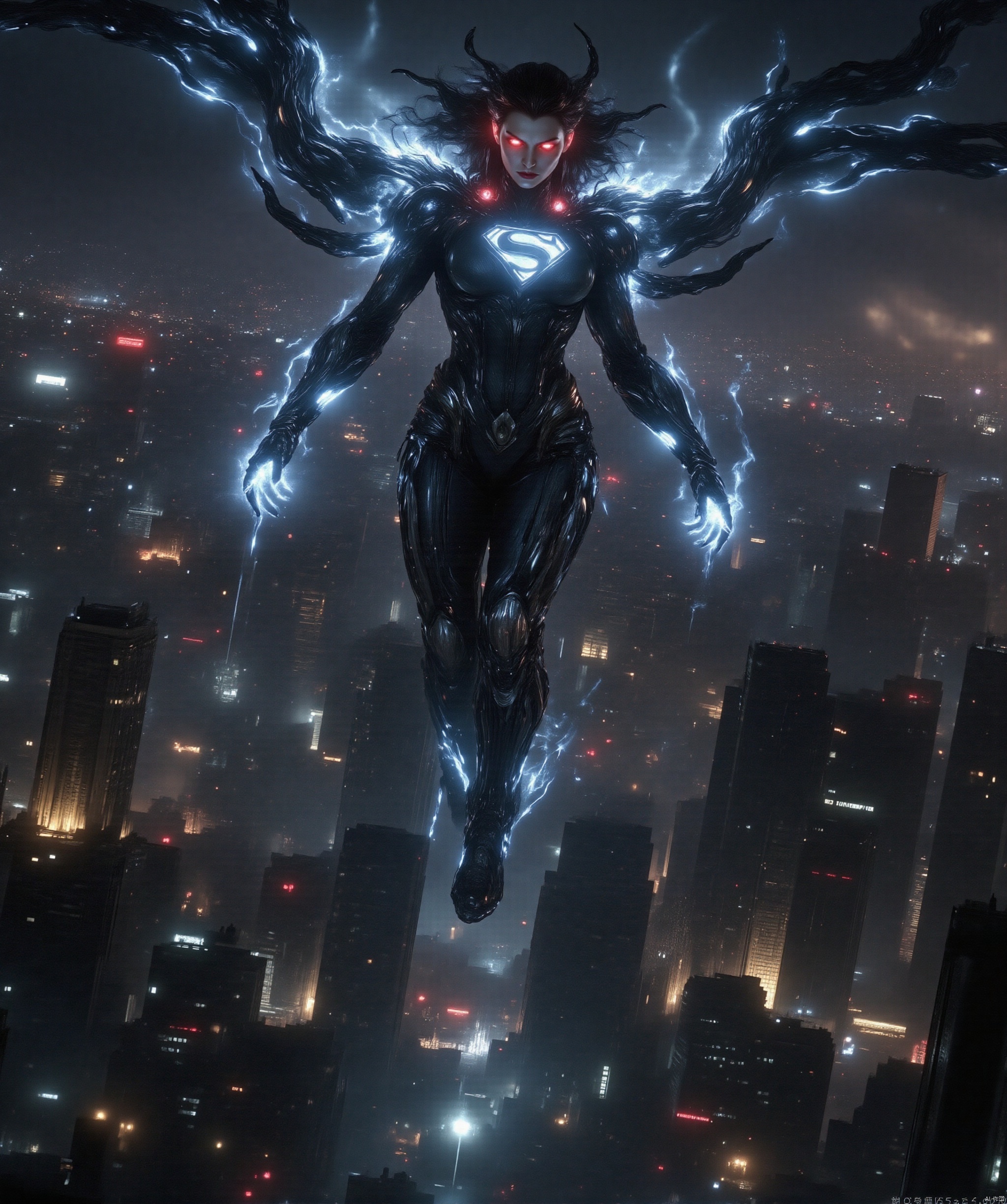 Superwoman, her entire body intricately modified with mechanical enhancements, hovers above the bustling skyline of New York City. Her metallic limbs and glowing red eyes contrast sharply against the night sky, casting eerie shadows upon the skyscrapers below. A fusion of advanced technology and classic superhero aesthetics, this figure exudes a sense of awe and unease. The composition of this picture is dynamic with Superman in the center, while the cityscape forms an intricate backdrop. The perspective structure is aerial, capturing the vastness of New York from above. Her mechanical enhancements include robotic wings that enable flight and glowing blue energy emanating from her chest, reminiscent of a high-tech Kryptonian power source. The scene is set during twilight, with soft ambient light reflecting off the city's buildings and creating a dramatic interplay between light and shadow. In this moment, Superman's primary action involves a subtle but powerful gesture – one arm extended towards a distant horizon, symbolizing his protection over humanity despite his altered form. This scene evokes feelings of both admiration and fear, inviting viewers to ponder the future direction of superhero legends in an increasingly technological world. The painting style is inspired by cyberpunk aesthetics with dark tones and vivid neon accents, paying homage to artists such as Syd Mead and H.R. Giger while also drawing from contemporary digital art trends seen on platforms like Pinterest and MidJourney. The overall effect aims to be visually stunning and thought-provoking, blending classic superhero imagery with futuristic technology in a way that is both beautiful and unsettling.,large natural breast,soft breasts,dlrb,qihuanmopan,hkgod,mohuan,huge Breasts,cleavage