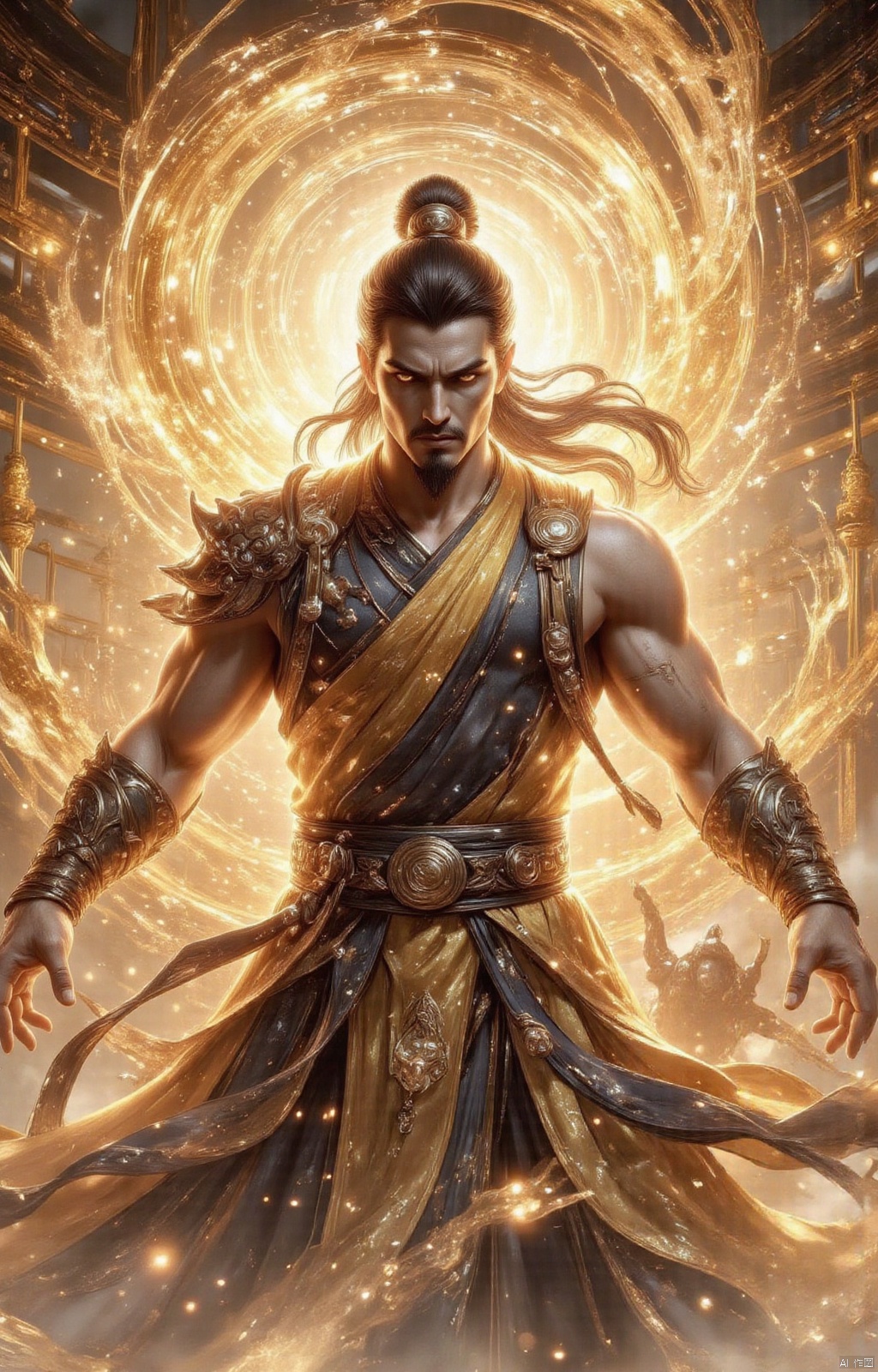 (best quality), Real action scenes, masterpieces, majestic posture and firm eyes reveal unquestionable self-confidence and determination. Accompanied by a deep and powerful roar, Xiong began to release his vitality. He hands in the air, palms outward, seemed to summon and control the airflow and energy around him. With the action of Xiong, the whirlwind rotates around his body, and air billow spreads around his body. Xiong will gather the energy in his body at one point and then suddenly release it, forming a powerful attack wave.