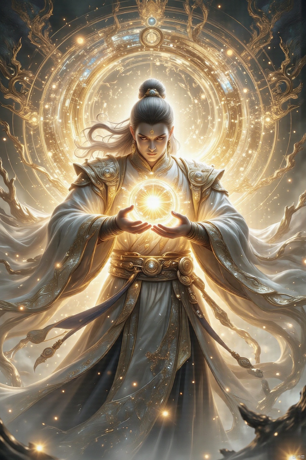 (best quality),A majestic scene unfolds as Internal Force unleashes its potency: a page of books stands tall amidst the battlefield, robe fluttering with the wind. The air crackles as internal energy builds, palms facing each other, harnessing the cosmic qi. Airflow Surge erupts, a swirling vortex centered on the book, generating intense pressure. With a sudden burst, the palm pushes forward, releasing a powerful blast akin to a thousand pounds of force, creating a visible air billow that ravages everything in its path.