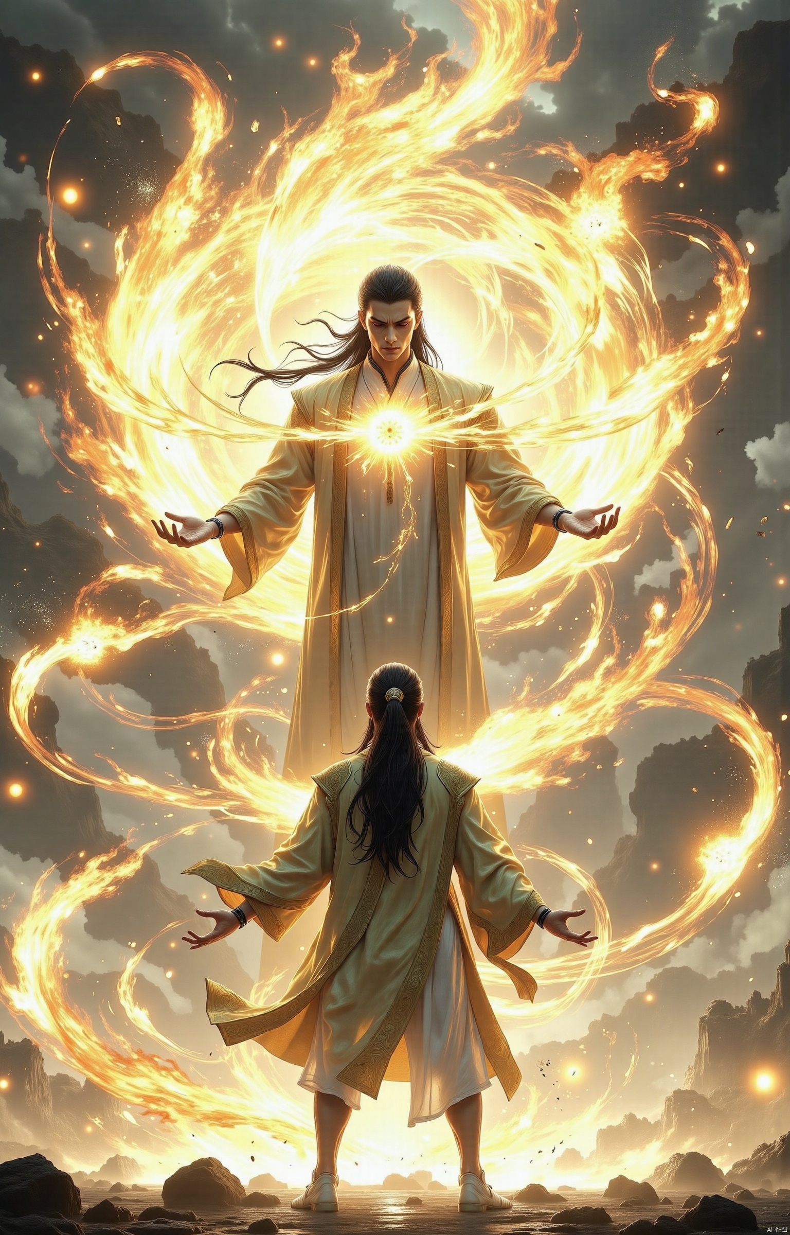 Xiong stood, feet apart, hands slowly raised to his chest, palms facing each other, and began to gather internal forces. At this point, the surrounding air seems to tremble slightly because of his internal force. With the accumulation of internal forces, Xiong's whole body began to appear cyclone, and his clothes and long hair fluttered with the wind, showing a powerful aura. Our hero shouted "three points return to vitality" and flung his hands outward. The powerful internal force spewed out from the palm of his hand like essence, forming a huge air billow, which swept away at his opponent. This air billow, with the power to destroy everything, passed by, with trees broken and stones shattered, showing the amazing destructive power of three points return to vitality.