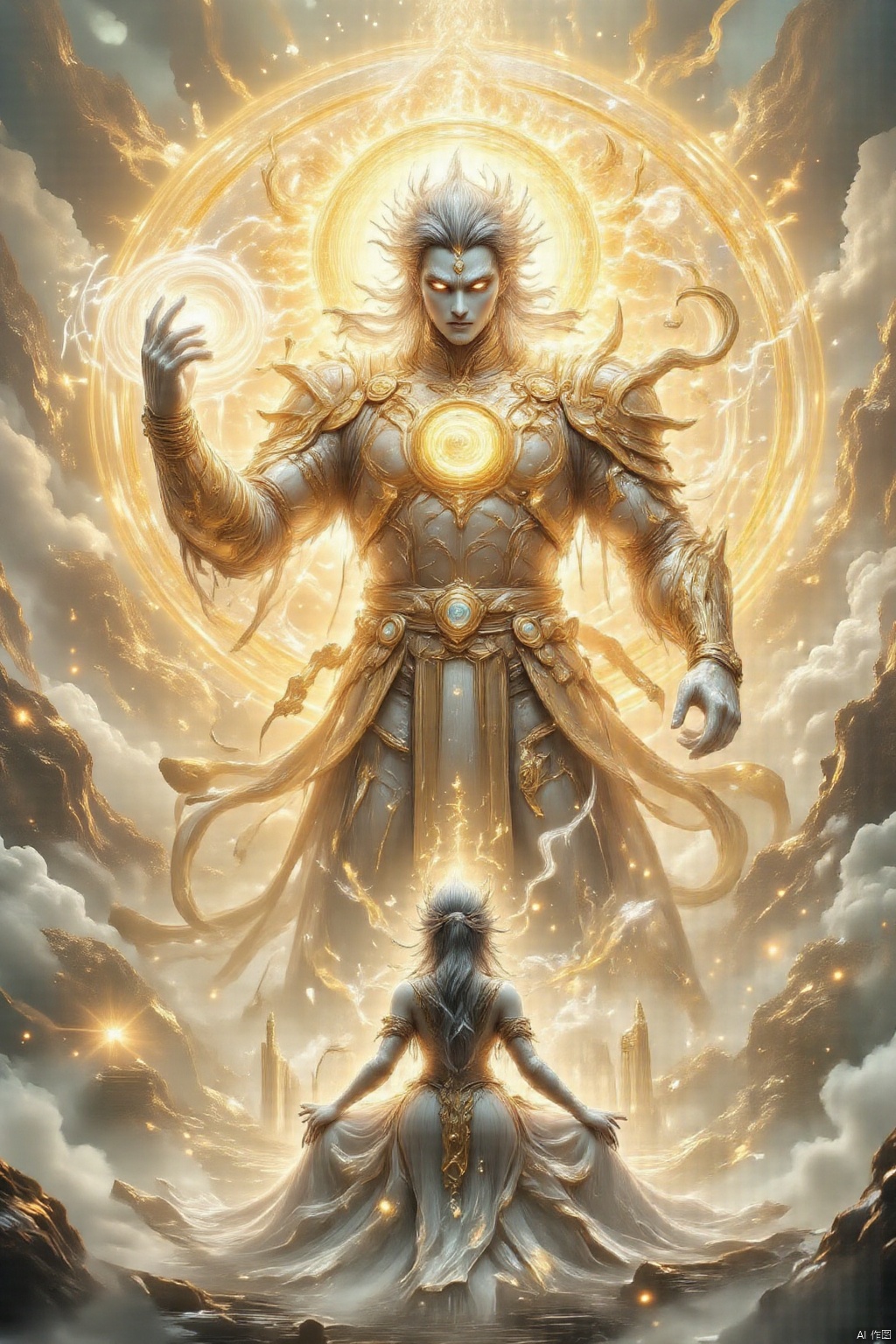 miaozu,xxr,dlrb,1girl,(Masterpiece, k HD, Ultra HD, 32k),SFW,(masterpiece:1.2),best quality,masterpiece,original,extremely detailed wallpaper,perfect lighting,(extremely detailed CG:1.2),Wukong is dressedwearing a golden transparent glowing magical armor holding a girl by the hand,1 girl have long hair and high quality fair skin,big breast,wedding dress,(shiny pantyhose),long legs,high heels,full body,standing in front of a super large statue of Wukong . The background is a mountain surrounded by smoke and flames,with a magical style,divine light,Sun Master,low angle shooting,extreme details,perfect picture,masterpiece,high-definition,face-to-face camera,Masterpiece,liqin,full_shot,white_marble_glowing_skin,star-shaped_pupils,blue hair,AIDMASEETHROUGH,miaofu,Silver headwear,jewelry,earrings,dlrb,hkgod,mohuan,msj,qihuanmopan