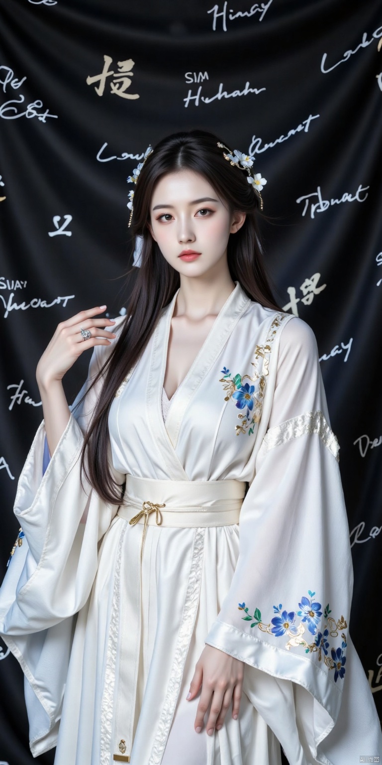 A young Asian woman stands elegantly in front of a stark black background, dressed in a flowing white kimono embroidered with delicate blue flowers on her headband. Her dark brown hair falls effortlessly down her back, complemented by piercing blue eyes that seem to sparkle in contrast to her rich tresses. A silver ring adorns her left hand, adding a touch of subtle elegance to her traditional attire. The black script-covered backdrop creates a striking visual tension against the woman's pure white robe, drawing attention to her serene yet powerful presence.