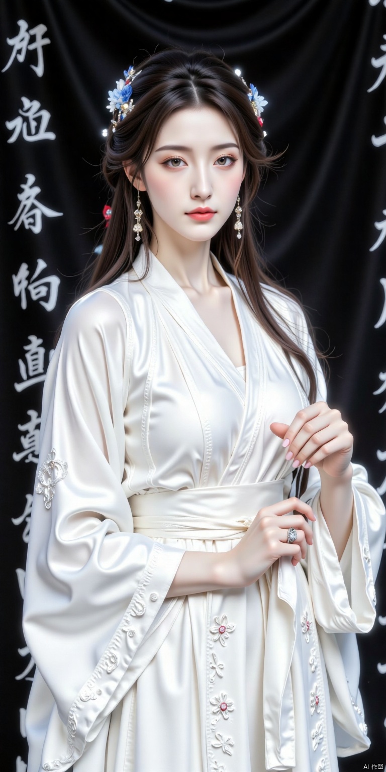 A young Asian woman stands elegantly in front of a stark black background, dressed in a flowing white kimono embroidered with delicate blue flowers on her headband. Her dark brown hair falls effortlessly down her back, complemented by piercing blue eyes that seem to sparkle in contrast to her rich tresses. A silver ring adorns her left hand, adding a touch of subtle elegance to her traditional attire. The black script-covered backdrop creates a striking visual tension against the woman's pure white robe, drawing attention to her serene yet powerful presence.