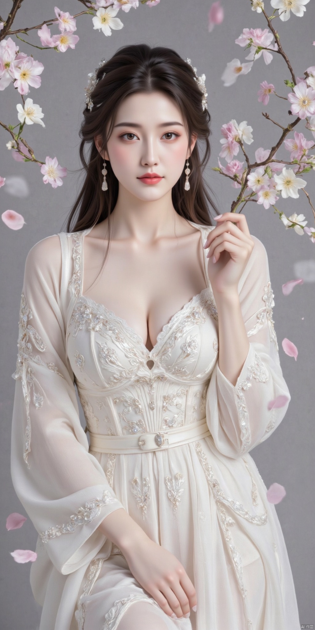 32K, ultra-clear picture quality, white and shiny, playful posture, full of vitality, beautiful facial features, (graceful posture and fresh flowers around: 1.3), movie style, high color, real skin texture, realistic, smooth hair, charming eyes, exquisite makeup, bright jewelry accessories, elegant manners and gentle smile, eye-catching, graceful posture.