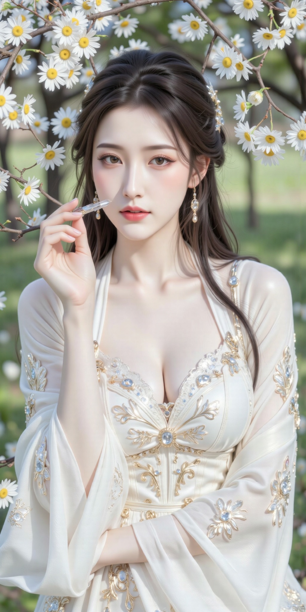 32K, ultra-clear picture quality, white and shiny, playful posture, full of vitality, beautiful facial features, (graceful posture and fresh flowers around: 1.3), movie style, high color, real skin texture, realistic, smooth hair, charming eyes, exquisite makeup, bright jewelry accessories, elegant manners and gentle smile, eye-catching, graceful posture.