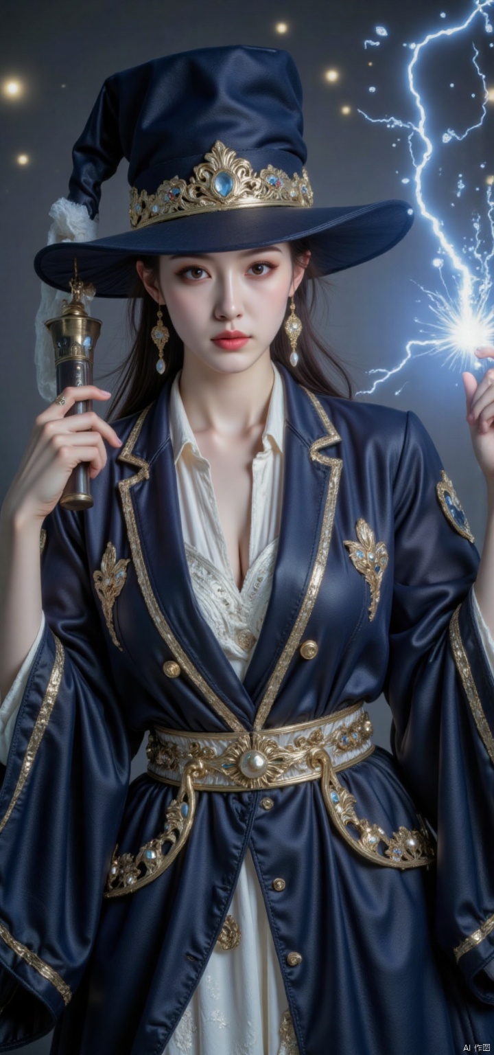 (full body), Magician,messy picture,messy scene,Thunder,Elements,Chaos,Magic,Mana,right hand,semiconductor,penumbra,ray,exquisite details,extremely exquisite and beautiful,more details,photo fidelity,master work,ultra high definition,outstanding,masterpiece,32K UHD,HDR,illusory rendering,best quality,perfect work,ray tracing,ultra a realistic definition,details,ultra a high,ultra high resolution,photo level,realism,masterpiece,highest quality,beauty and aesthetics:1.2,(RAW photo, best quality),(realism, photo realism:1.3),(extremely delicate and beautiful:1.1),amazing,exquisite details,masterpiece,ultra-fine section,best illustration,best shadow,intricacy,(extremely complicated:1.2),incredibly absurdres,(wide_shot:1.1),large natural breast,soft breasts