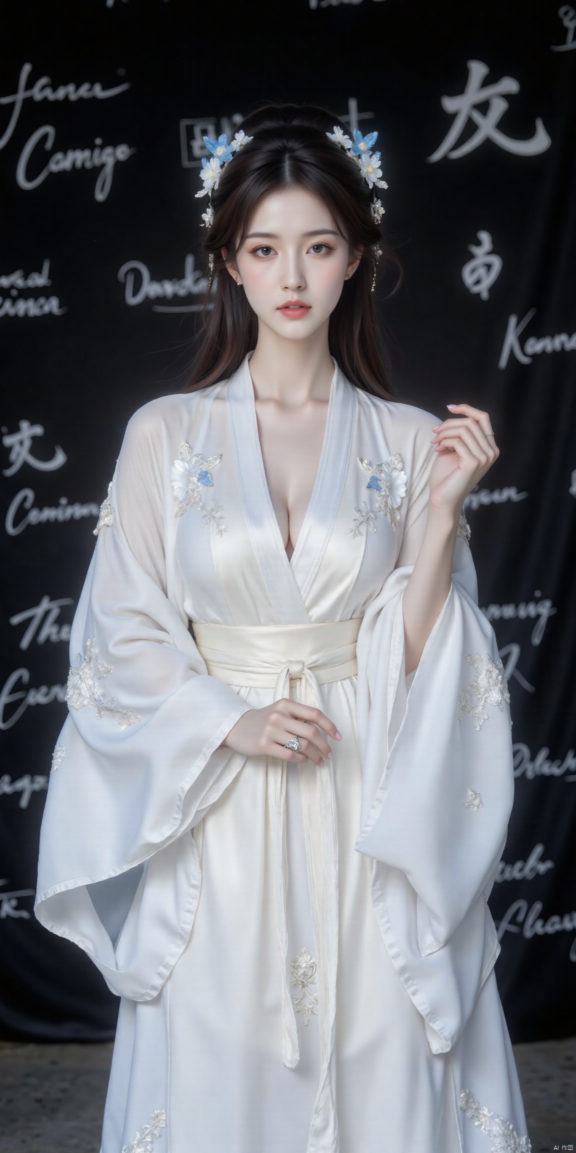 A young Asian woman stands elegantly in front of a stark black background, dressed in a flowing white kimono embroidered with delicate blue flowers on her headband. Her dark brown hair falls effortlessly down her back, complemented by piercing blue eyes that seem to sparkle in contrast to her rich tresses. A silver ring adorns her left hand, adding a touch of subtle elegance to her traditional attire. The black script-covered backdrop creates a striking visual tension against the woman's pure white robe, drawing attention to her serene yet powerful presence.