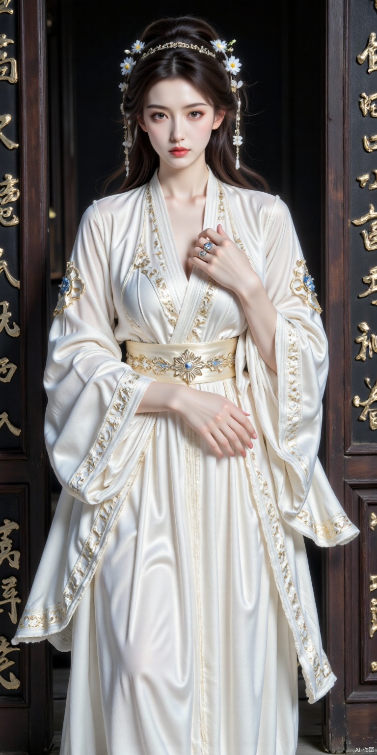 A young Asian woman stands elegantly in front of a stark black background, dressed in a flowing white kimono embroidered with delicate blue flowers on her headband. Her dark brown hair falls effortlessly down her back, complemented by piercing blue eyes that seem to sparkle in contrast to her rich tresses. A silver ring adorns her left hand, adding a touch of subtle elegance to her traditional attire. The black script-covered backdrop creates a striking visual tension against the woman's pure white robe, drawing attention to her serene yet powerful presence.