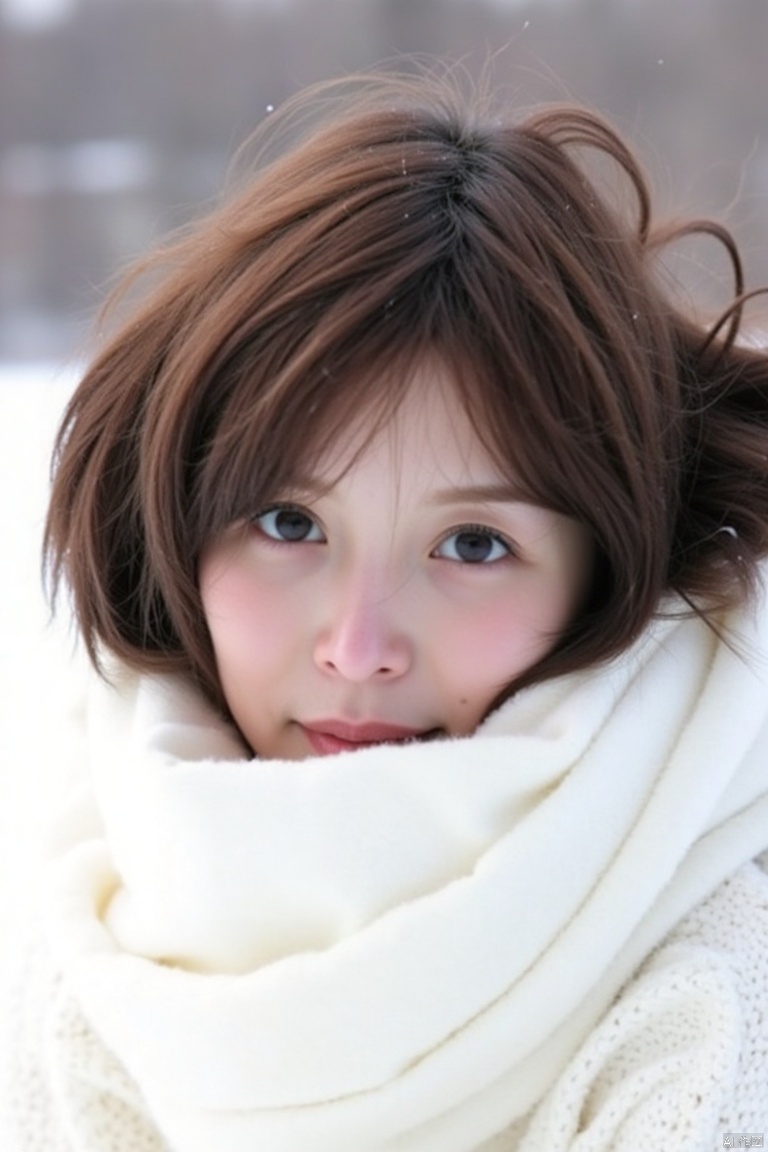 nuanyang,a girl,masterpiece,best quality, high quality,8k,highres,
a close-up shot of a young girl with long brown hair, blue eyes, and a pink lips, is wrapped in a white blanket. The girl's eyes are a piercing blue, and her hair cascades over her shoulders. The backdrop is blurred, creating a soft focus on the girl's face. She is wearing a white sweater, adding a touch of warmth to the scene.

