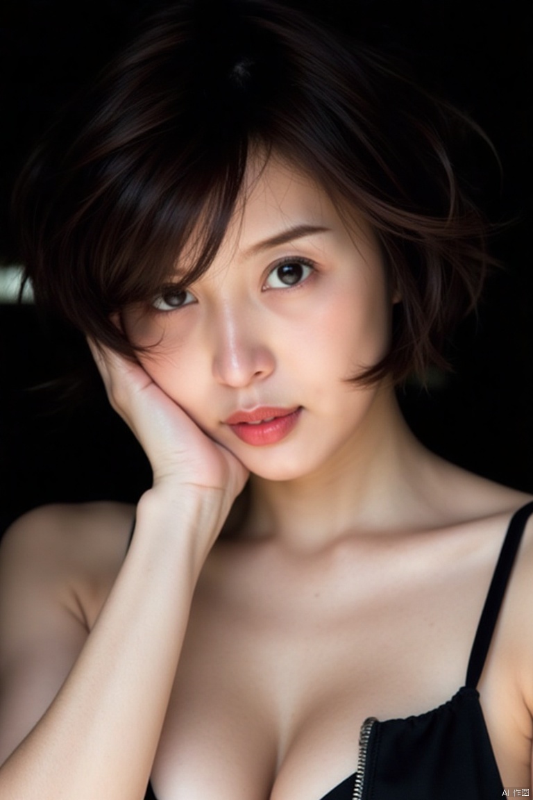 nuanyang,a girl,masterpiece,best quality, high quality,8k,highres,
a close-up shot of a young Asian woman with dark brown eyes and dark brown hair stands in front of a dark backdrop. Her face is angled slightly to the left, with her left hand resting on her chin. Her lips are painted a vibrant red, adding a pop of color to her face. Her eyes are a piercing blue, and her lips are a darker shade of red. Her hair is pulled back, framing her right shoulder. She is wearing a black bra with a zipper draped across her chest. Her left hand is draped over her left shoulder. The backdrop is a stark white, creating a stark contrast to the woman's face.

