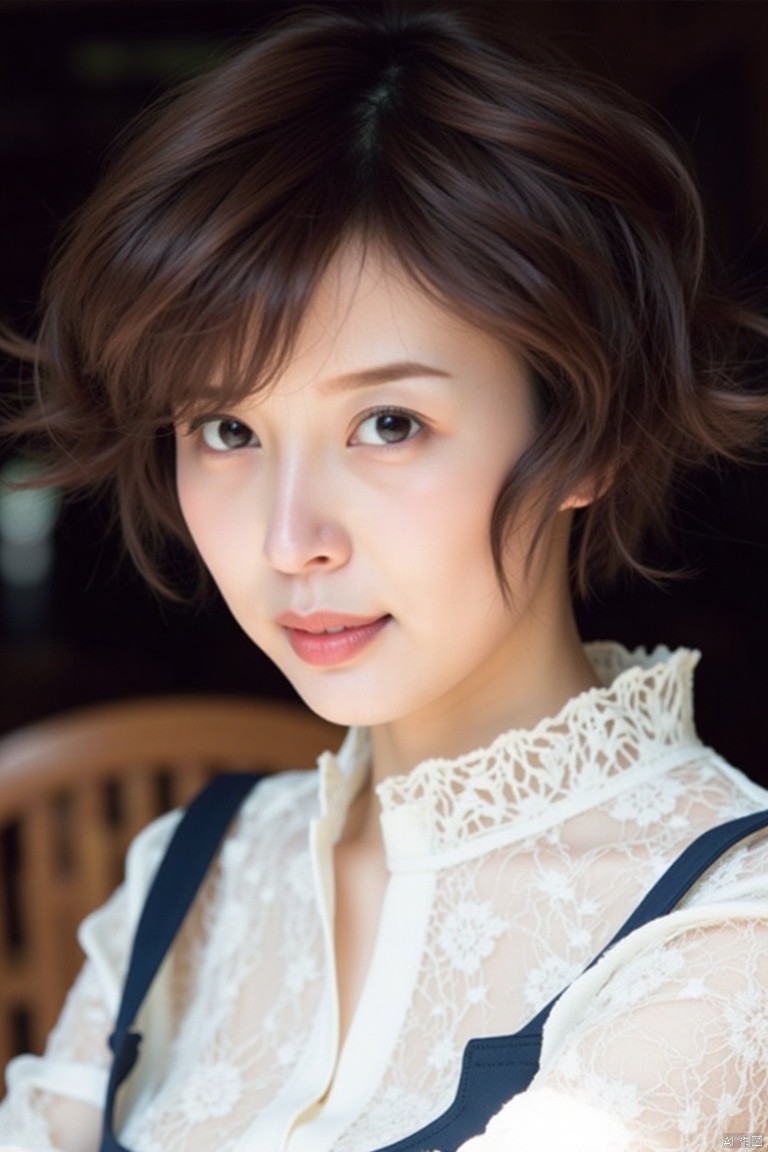 nuanyang,a girl,masterpiece,best quality, high quality,8k,highres,
A close-up shot of a woman's face, the woman's head is tilted slightly to the left, her eyes are a piercing blue, and her lips are a vibrant pink. Her hair is a mix of brown and black, and she is wearing a white lace top with a blue trim. The background is blurred, and a brown chair is visible in the background.