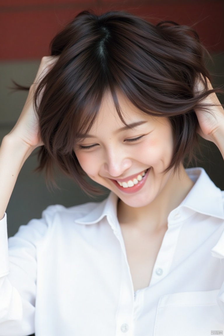 nuanyang,a girl,masterpiece,best quality, high quality,8k,highres,
A close-up shot of a young Asian woman with dark brown hair, a white collared button down shirt, and white teeth. The woman is smiling, her eyes are closed, and her left hand is resting on her head. The background is blurred, with a red brick wall visible in the background.

