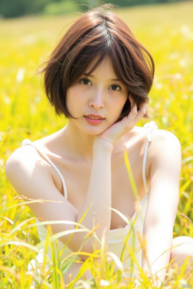 nuanyang,a girl,masterpiece,best quality, high quality,8k,highres,
a young Asian woman is seated in a field of tall, yellow grass. She is dressed in a white bikini, her hair cascades over her shoulders. Her eyes are a piercing blue, her mouth is slightly open, revealing a pink lip. Her hands are delicate, her fingernails are adorned with white socks. The grass she is sitting on is a vibrant shade of yellow, adding a pop of color to the scene.



