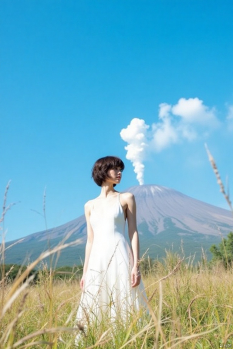 nuanyang,a girl,masterpiece,best quality, high quality,8k,highres,
A medium shot of a woman in a white sleeveless dress, standing in a field of tall grass. The woman's hair is short and dark brown, and she is looking to the left. The sky is a deep blue, and there are a few white clouds in the distance. In the distance there is a mountain with smoke coming out of it.


