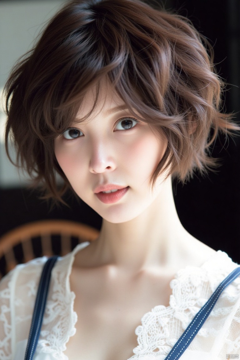 nuanyang,a girl,masterpiece,best quality, high quality,8k,highres,
A close-up shot of a woman's face, the woman's head is tilted slightly to the left, her eyes are a piercing blue, and her lips are a vibrant pink. Her hair is a mix of brown and black, and she is wearing a white lace top with a blue trim. The background is blurred, and a brown chair is visible in the background.
