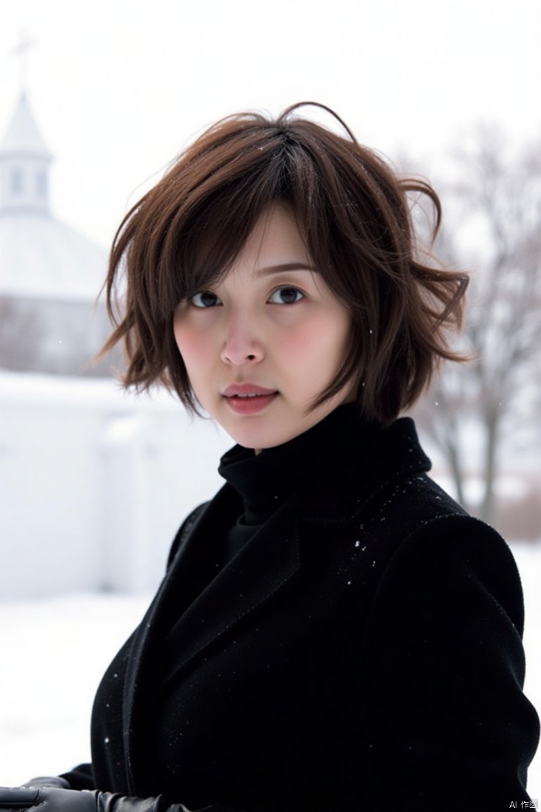 nuanyang,a girl,masterpiece,best quality, high quality,8k,highres,
a young woman with dark brown hair, wearing a black coat and black gloves, stands in front of a window. The woman's face is angled slightly to the left, and her lips are pursed. The window is covered in snow, adding a touch of warmth to the scene. In the background, a white building with a cross on the top of it stands out against the white sky.




