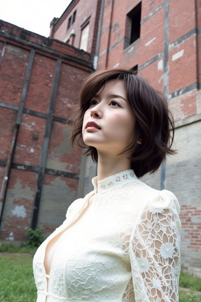 nuanyang,a girl,masterpiece,best quality, high quality,8k,highres,
a young Asian woman stands in front of an old, dilapidated brick building. She is dressed in a white lace long-sleeved dress with a low neckline. Her hair is dark brown, and her eyes are closed. Her lips are a deep red, and she is looking to the left side of the frame. Her dress is adorned with a white floral pattern, adding a touch of charm to the scene. The building behind her is made of red bricks, and the bricks are peeling and chipped. The sky is a pale blue, and it is a sunny day.

