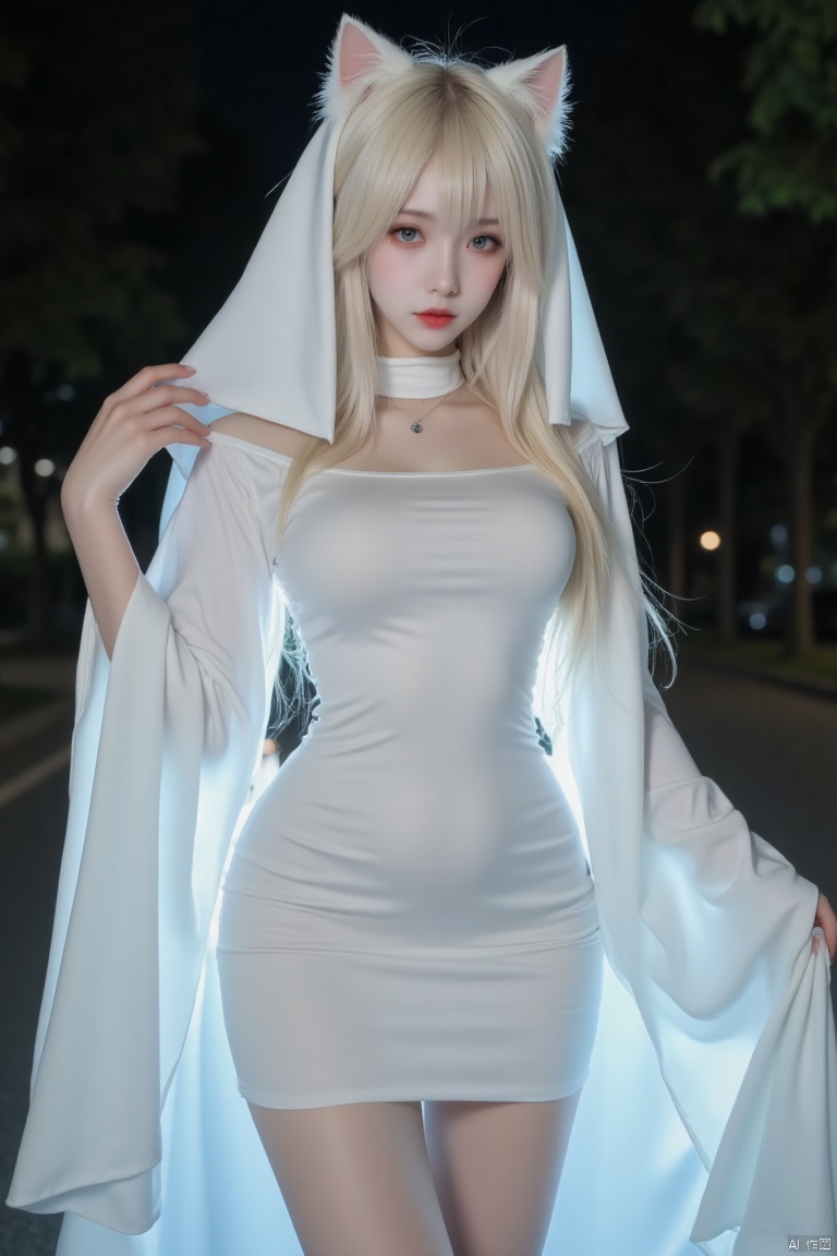 nuany,ghostly,ghost,IMG_1045,masterpiece,best quality, high quality,8k,highres,
Captured at eye-level on a low-angle perspective, a woman dressed in a white dress adorned with a hooded cape and a pair of cat ears on her head. Her blonde hair cascades over her shoulders, adding a touch of warmth to her outfit. Her eyes are a piercing blue, and her lips are pursed in a red lipstick. She is standing on a paved road, her left hand is raised in the air, while her right hand is resting on her hip. The background is dark, creating a stark contrast to the woman's white dress.




