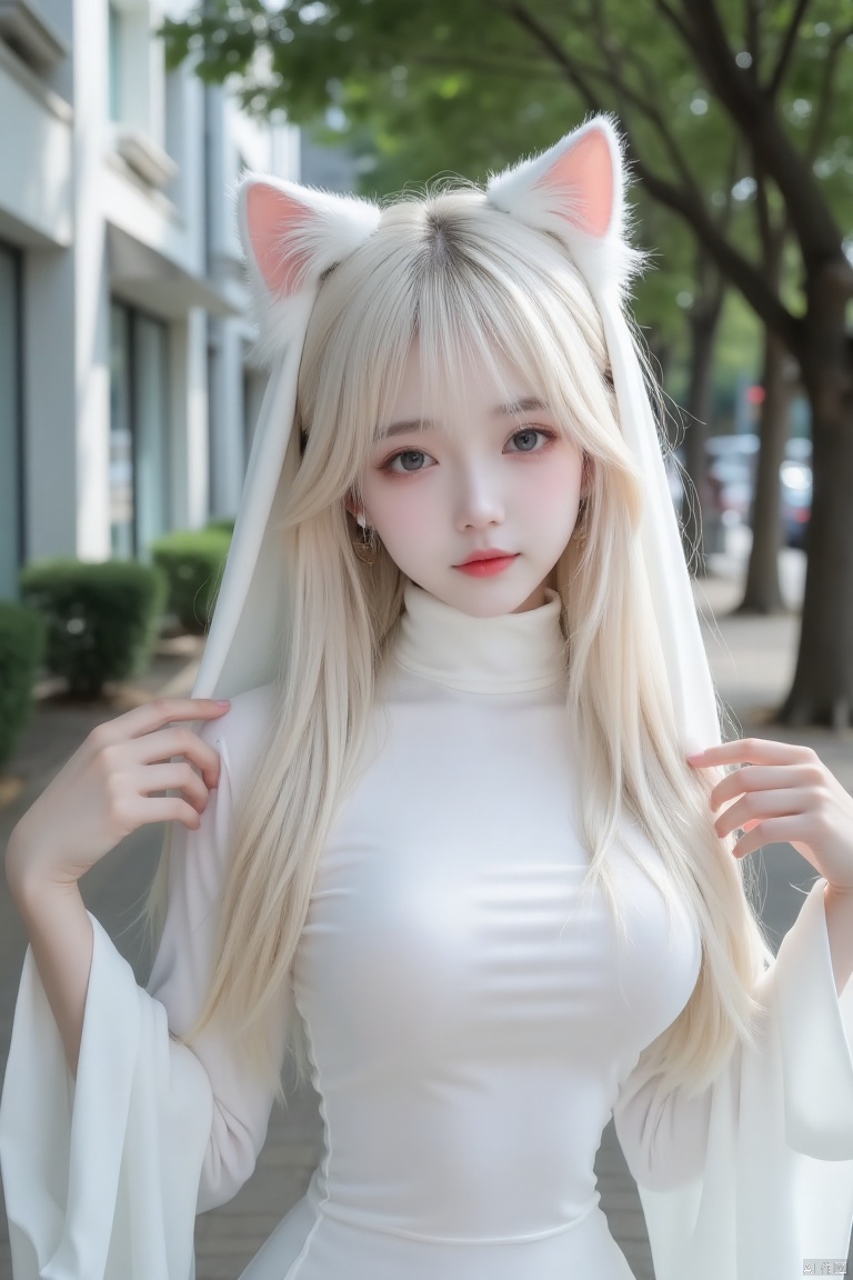 nuany,ghostly,ghost,IMG_1045,masterpiece,best quality, high quality,8k,highres,
a young girl with long blonde hair, wearing a white dress adorned with white cat ears on her head. Her dress is adorned with a white turtleneck and a pair of white bell bottoms. Her hands are draped over her shoulders, adding a touch of warmth to her outfit. The backdrop, a street, a sidewalk, and a tree line can be seen in the distance. A white building is visible in the upper left corner of the frame.


