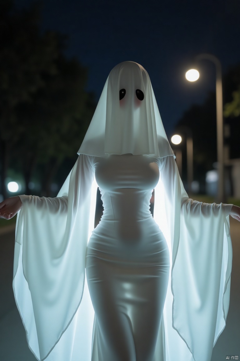 nuany,ghostly,ghost,IMG_1045,masterpiece,best quality, high quality,8k,highres,
Captured from a low-angle perspective on a dark night, a ghostly figure stands with her arms outstretched. The figure is dressed in a white dress, adorned with a long white veil that covers her head and cascades over her entire body. Her face is adorned with two black eyes, adding a touch of mystery to the scene. The background is blurred, with a few street lights visible in the distance.

