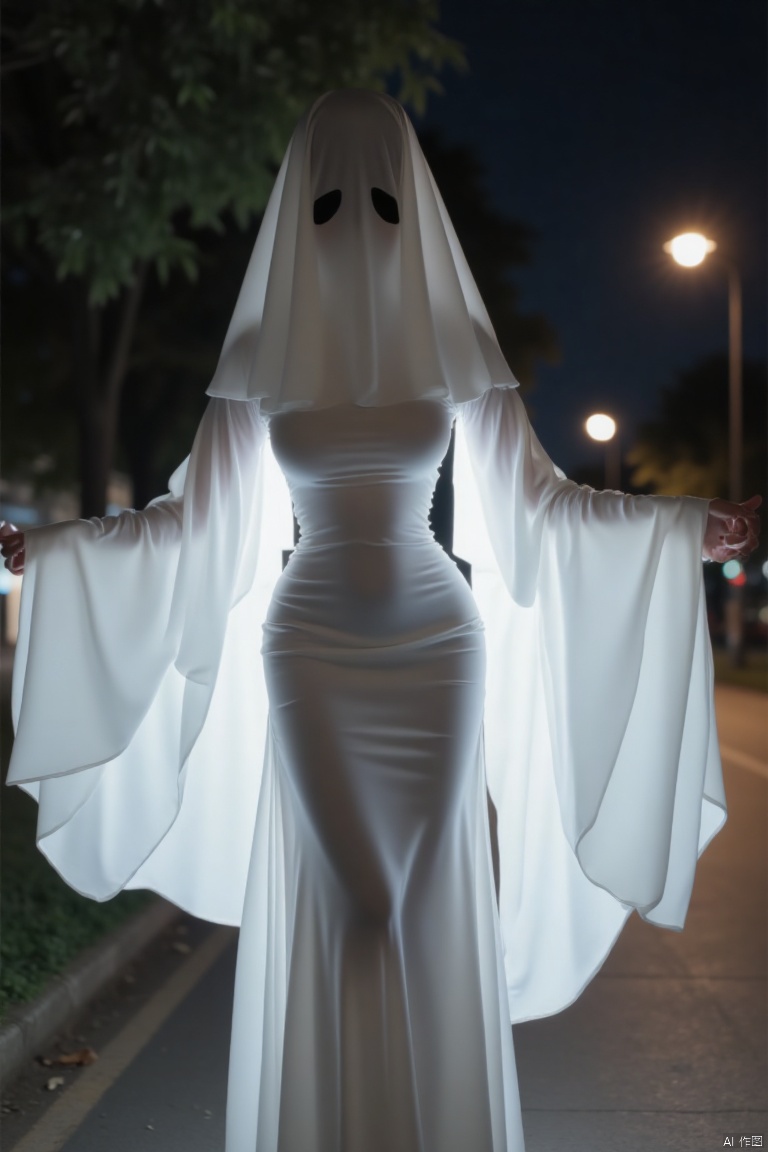 nuany,ghostly,ghost,IMG_1045,masterpiece,best quality, high quality,8k,highres,
Captured from a low-angle perspective on a dark night, a ghostly figure stands with her arms outstretched. The figure is dressed in a white dress, adorned with a long white veil that covers her head and cascades over her entire body. Her face is adorned with two black eyes, adding a touch of mystery to the scene. The background is blurred, with a few street lights visible in the distance.

