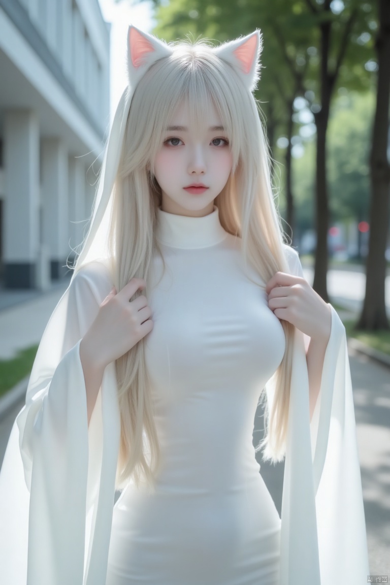 nuany,ghostly,ghost,IMG_1045,masterpiece,best quality, high quality,8k,highres,
a young girl with long blonde hair, wearing a white dress adorned with white cat ears on her head. Her dress is adorned with a white turtleneck and a pair of white bell bottoms. Her hands are draped over her shoulders, adding a touch of warmth to her outfit. The backdrop, a street, a sidewalk, and a tree line can be seen in the distance. A white building is visible in the upper left corner of the frame.

