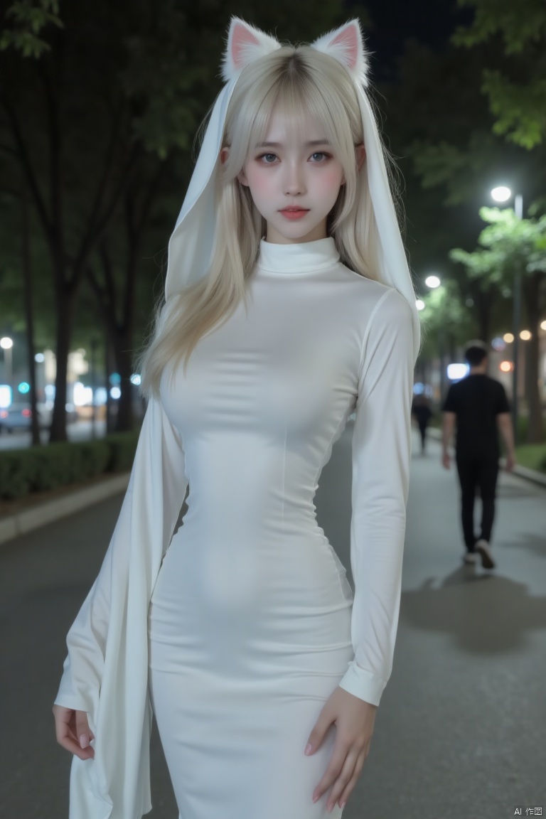 nuany,ghostly,ghost,IMG_1045,masterpiece,best quality, high quality,8k,highres,
Captured at eye-level on a low-angle perspective, a young woman, dressed in a long-sleeved white dress, adorned with a pair of cat ears on her head. Her blonde hair cascades over her shoulders, adding a touch of warmth to the scene. The dress is adorned with long sleeves and a turtleneck. She is standing on a paved sidewalk, her left hand resting on her hip. A man in a black t-shirt and black pants is walking down the sidewalk. The background is dark, creating a stark contrast with the white dress and cat ears.

