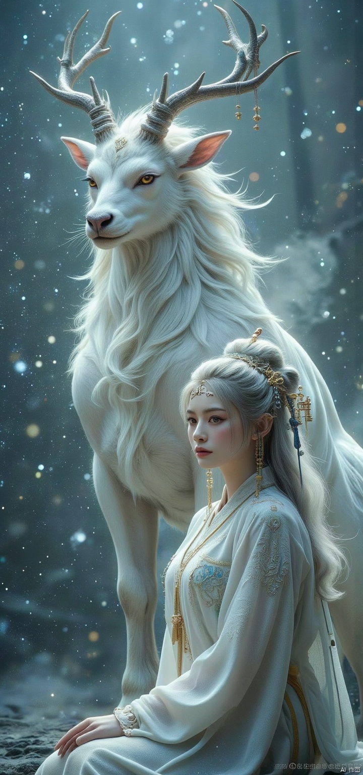 Surrealist photography, Canon EOS, f/1.8, 85mm lens, ancient Chinese scene, giant object, one of the gods of ancient Chinese mythology and legend, it is a white deer with four horns. Behemoth, it is flanked by an Asian beauty, Hanfu martial arts style, low angle perspective, surreal size contrast, high detail, keen attention to white deer and women, snow, film photography, decisive moments, cinematic lighting, viewpoint, masterpiece, ultra-high resolution, 500 years 16 K-AR 2:3 This woman is wearing a white Qin Dynasty Hanfu, a faded Hanfu, a hairpin headband on her head, long hair with a shawl, white hair, in a snowy night, there is a huge four-horned white deer, full of Zen atmosphere, the material of her clothes, the details of Luo Manxue, the serene expression on her face, the side face, and the intimate posture of the giant deer with her head down, the whole picture of the movie is very cinematic, it is a masterpiece, a cinematic tone, the serene expression of the deer, the footage of the cowboy,msj
