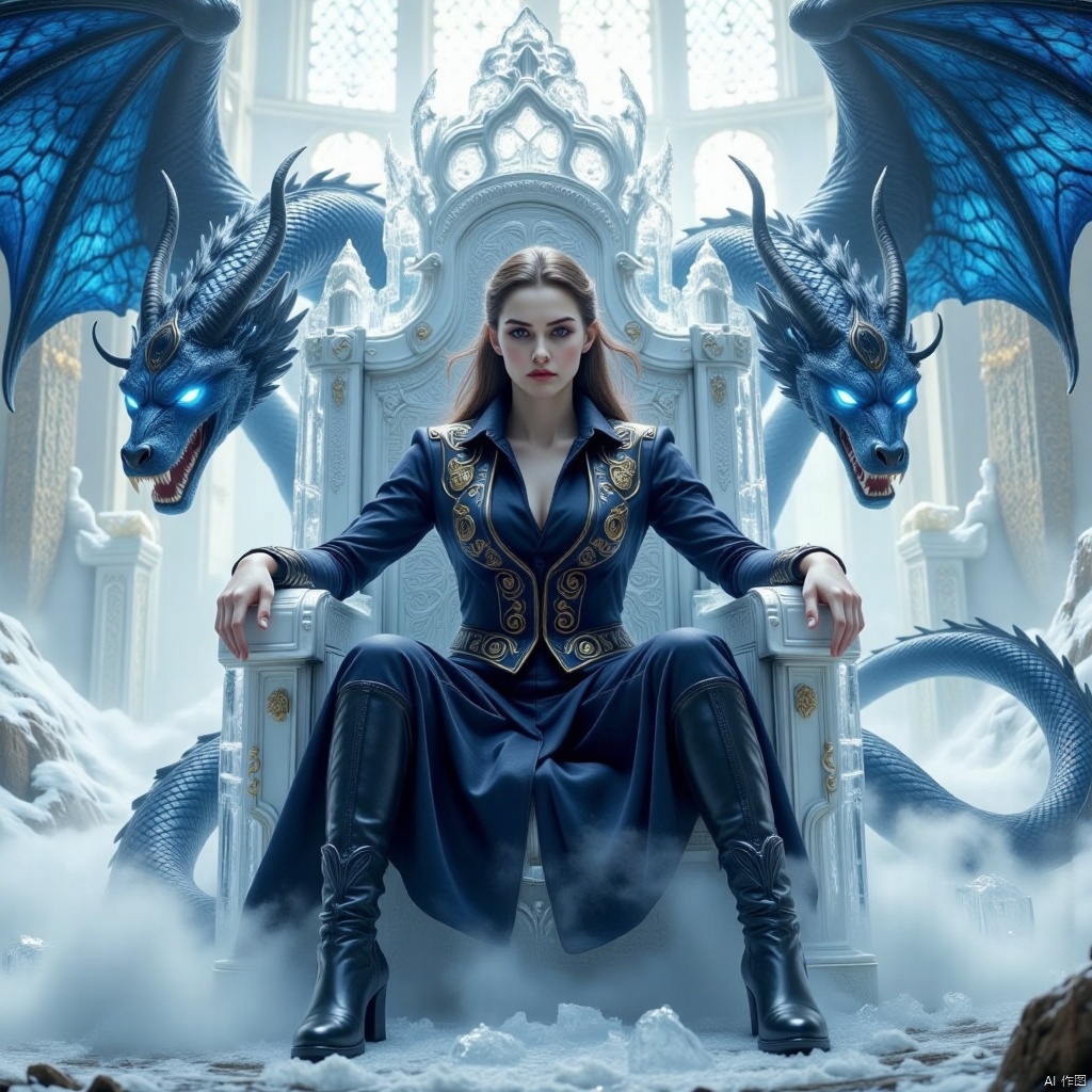 Best quality,Masterpiece,Realistic photos, 1girl,HD 8K, (extreme picture quality, 4K resolution, perfect presentation: 1.2), wide viewing angle, ice sculpture throne, the queen sitting proudly in a shirt inlaid with ice fragments, the shirt is covered with mysterious runes, the ice queen, with cold white fog floating around, eyes flashing with cold blue awns, a grand ice blue dragon flying in the background, the dragon skeleton looming, behind the throne, winter wonders, the land of the North Pole.large natural breast,soft breasts,dlrb,hsw,msj,hkgod,mohuan,qihuanmopan