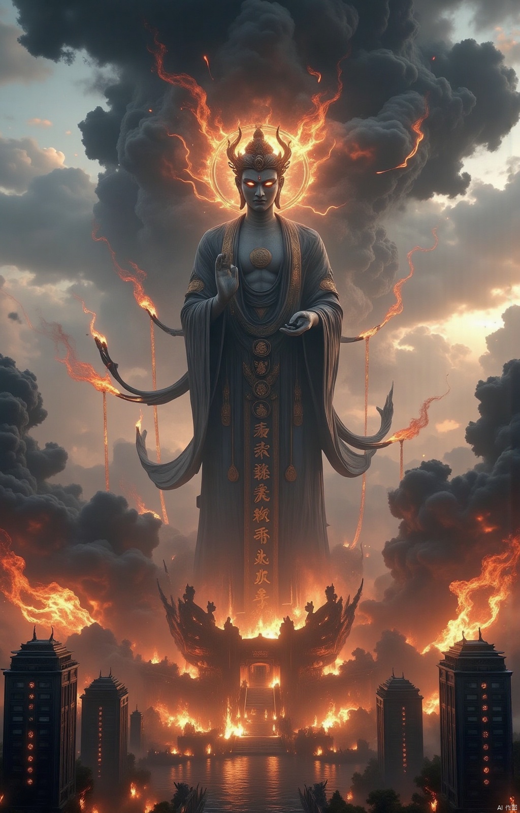 (best quality), ultra-detailed, (masterpiece), finely detail, highres, 8k wallpaper,(a 10,000-meter-high stone Buddha standing in the sky), sitting on the earth, ((head above the clouds), (lower body below the clouds), (wearing a mask :1.5), (standing in front of more than 10,000 burning incense), incense 2 meters thick, 3 kilometers to 8 height, incense, each incense written on the curve of wealth, (The incense smoke rises and gathers into the clouds to form thick black clouds), a 20-meter kite floats above the clouds, and a burning incense stick is attached to the kite, (a group of modern buildings stands at the bottom of the picture), (Wands) incense :1.5, (((close your eyes))),
