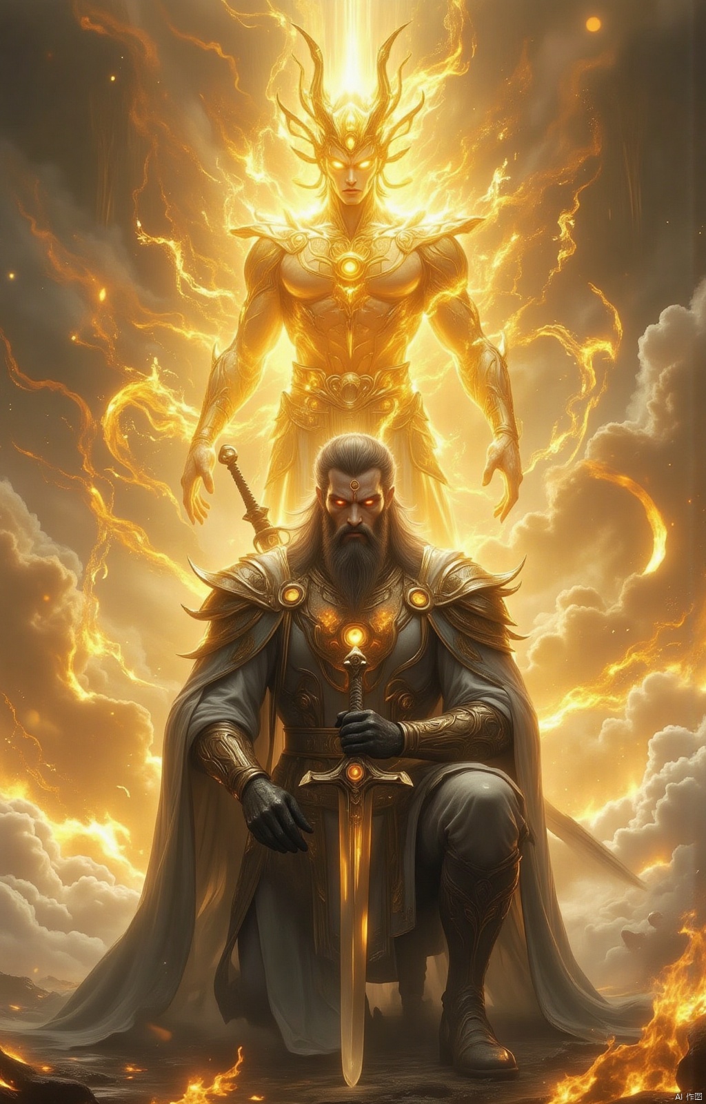 A majestic general holds a sword in one hand, kneeling on one knee as he gazes directly into the camera lens. The background is bathed in an ethereal glow as a translucent golden god appears to hover mid-air, its lower body shrouded by clouds that shimmer with a warm golden light.