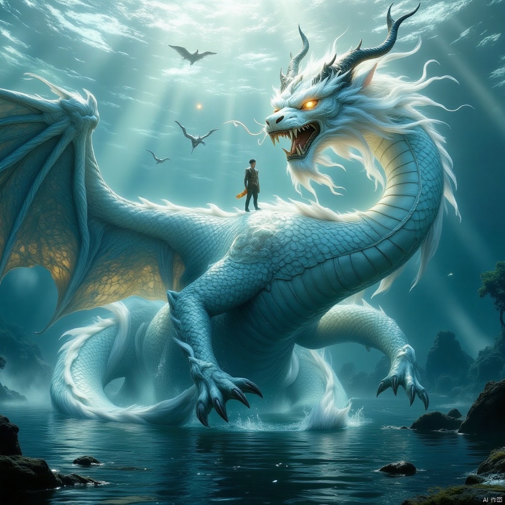 underwater,An Oriental White Dragon roams in the depths of the sea, near the Crystal Palace in the East China Sea. A person stands on the dragon's body,The dragon flies on top of it,standing alone on top of the dragon. it has cinematic light and a realistic style. The composition is very clean,Aerial view,spectacular,and has a sense of design,blue-green lake water,Chinese Martial Arts World,Chinese mythological scenes,Bright colors,Sunlight,Transparent lake water,,msj
