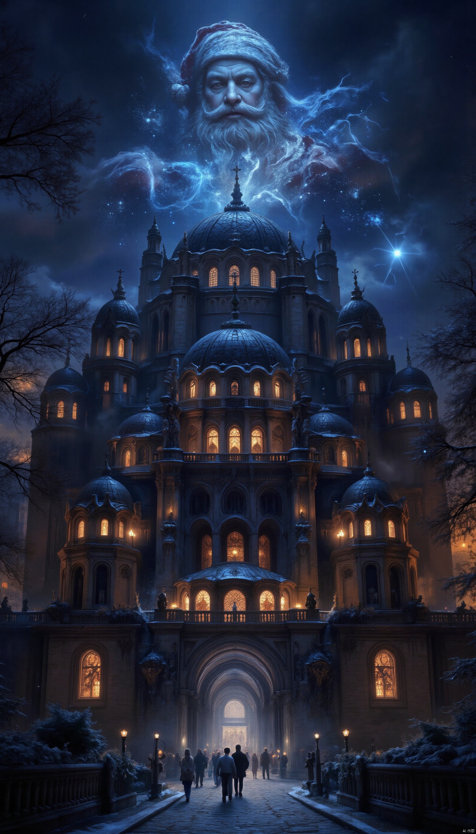 With the arrival of night, the sky became deep sapphire, and the outline of Hagia Sophia became more and more clear in the night. Suddenly, a strange light flashed over the church, and then, a huge virtual shadow of Santa Claus slowly emerged, suspended above the dome of the church. The virtual shadow of Santa Claus is unusual. It emits a faint blue light, as if it were made up of countless flashing ice crystals, giving people a warm and mysterious feeling. The texture of his beard and clothes is looming in the light and shadow, as if carved by snow. His eyes are shining kindly, as if guarding the city and bringing people festive blessings and warmth. Around the virtual shadow, snowflakes seem to be attracted by some mysterious force and begin to rotate and dance around Santa Claus, forming a huge snowflake vortex. Against the background of virtual shadows, these snowflakes seem to be endowed with life. They shine with colorful light and complement Santa Claus' blue light, forming a fantastic and beautiful picture. Around the church, people stopped in a hurry and looked up at this incredible sight. The children's eyes were full of surprise and joy. They cheered and jumped as if they saw the real Santa Claus. Adults were also attracted by this fantastic scene, and their faces showed a long-lost smile, as if they had returned to their childhood and relived that innocence and happiness.,European architecture