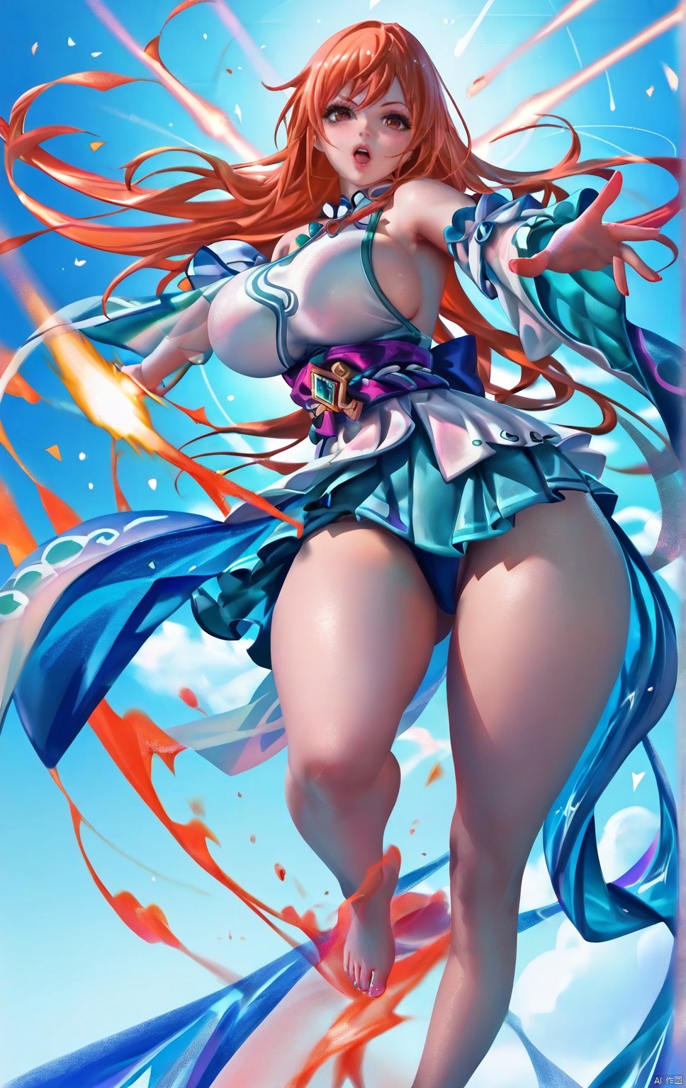 Nami. close-up,foot focus, 1girl,huge_breasts,looking_at_viewer,tiptoes,fighting_stance,bents knees, long hair,expressive_clothes,slutty clothes,wide_sleeves,reaching arm,barefoot, plasma splatter,Energy Blast,slashing,,masterpiece, best quality, absurdres, newest, very aesthetic, amazing quality,highres,sensitive,score_9score_8_up score_7_up Sakimi chan